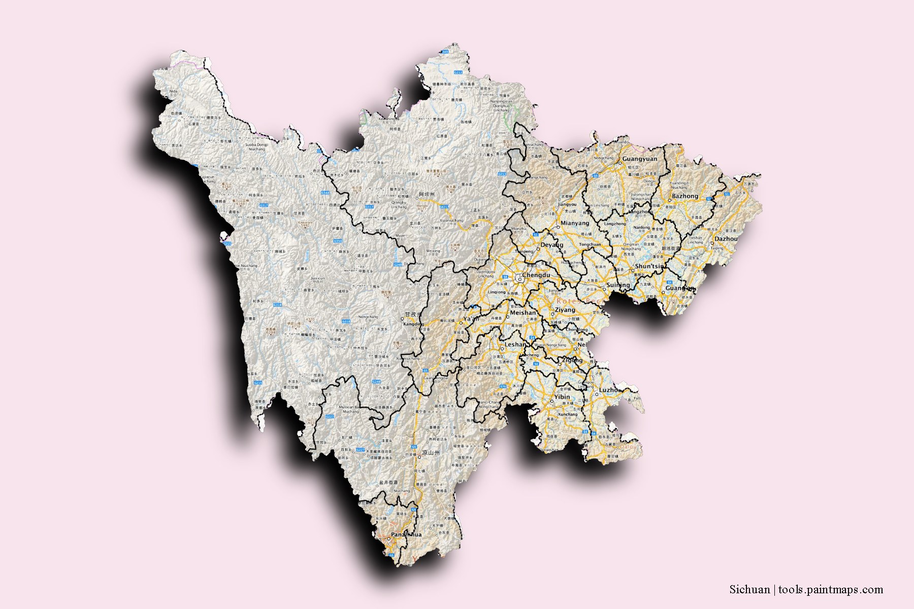 3D gölge efektli Siçuan ve ilçeleri haritası