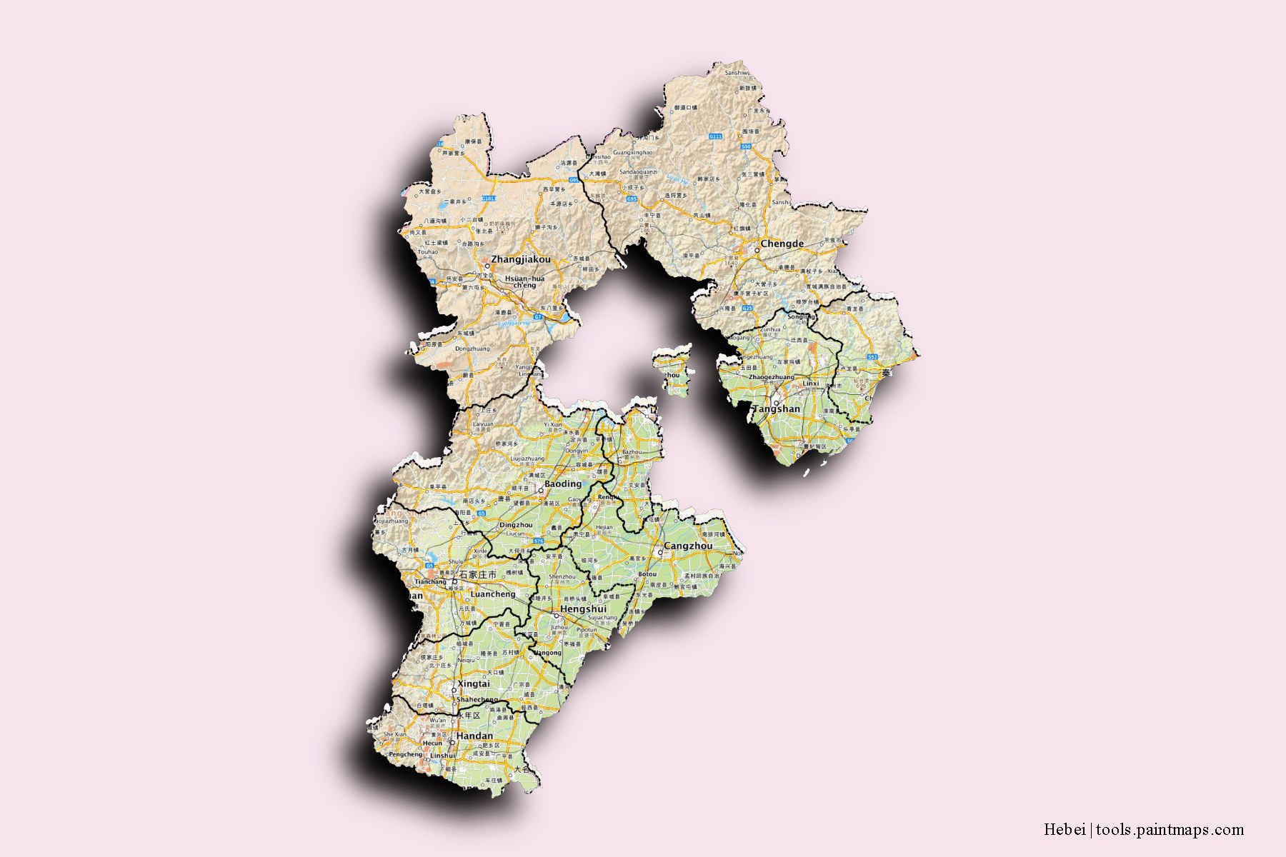 Hebei and counties map with 3D shadow effect