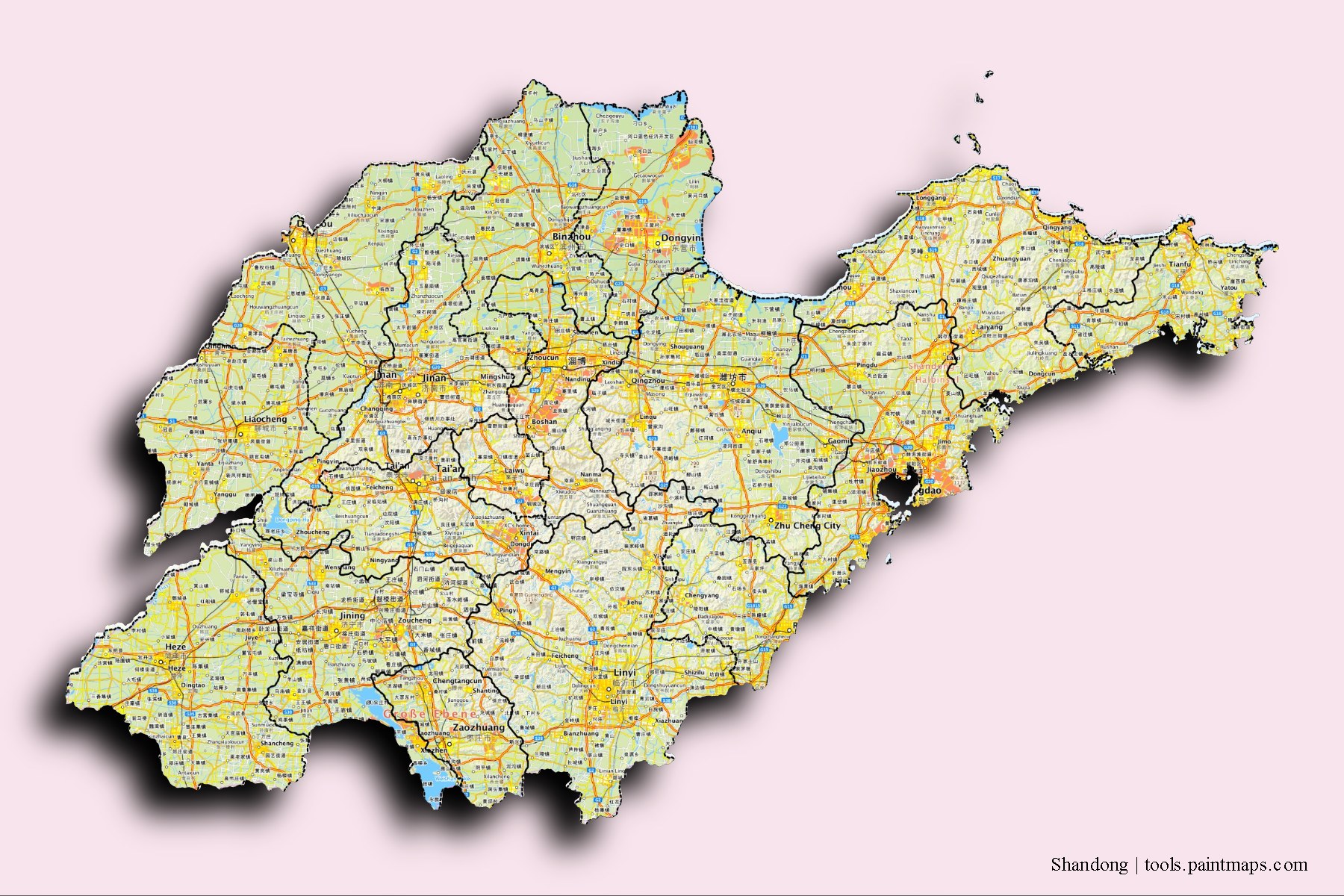 Shandong and counties map with 3D shadow effect