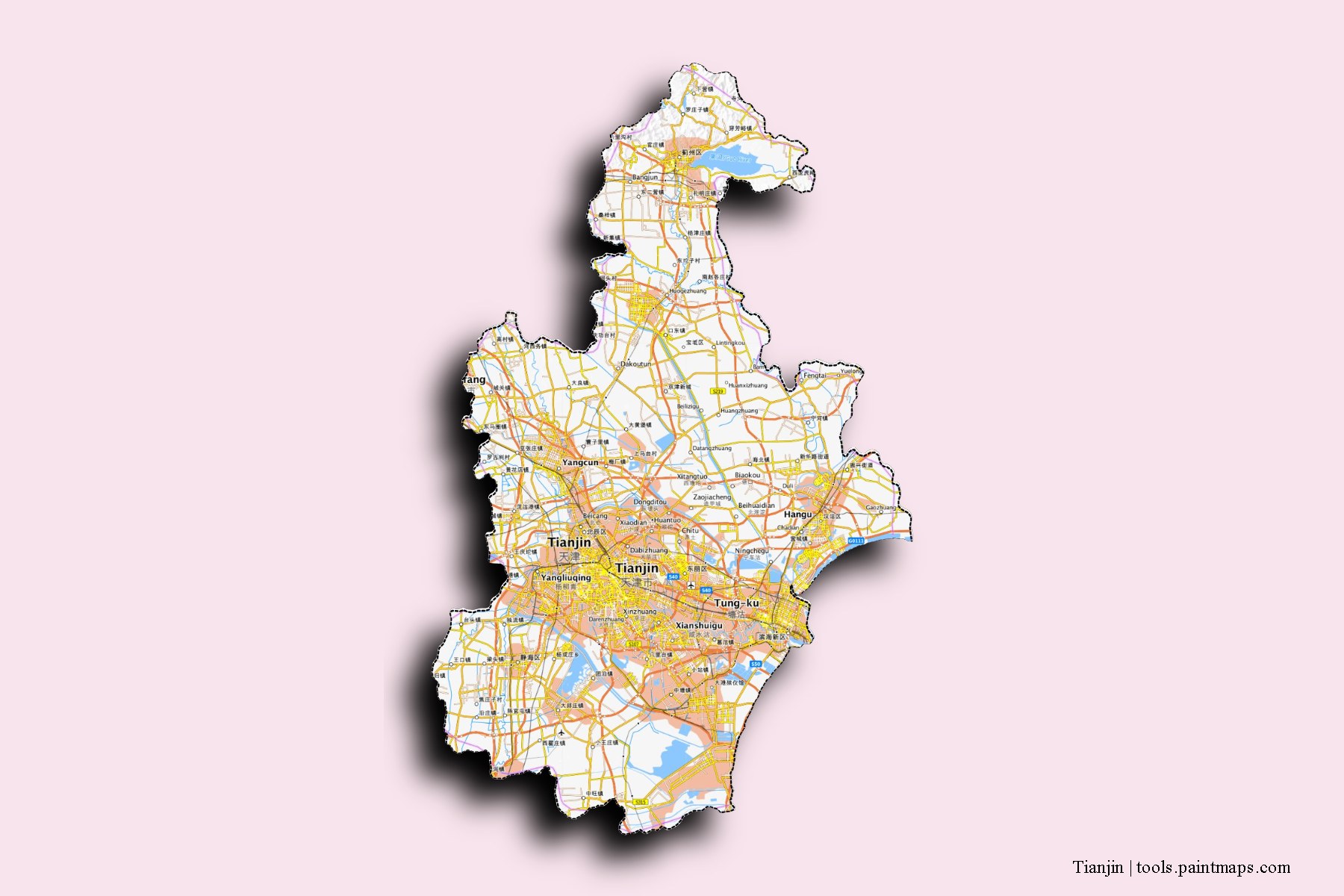 Tianjin and counties map with 3D shadow effect