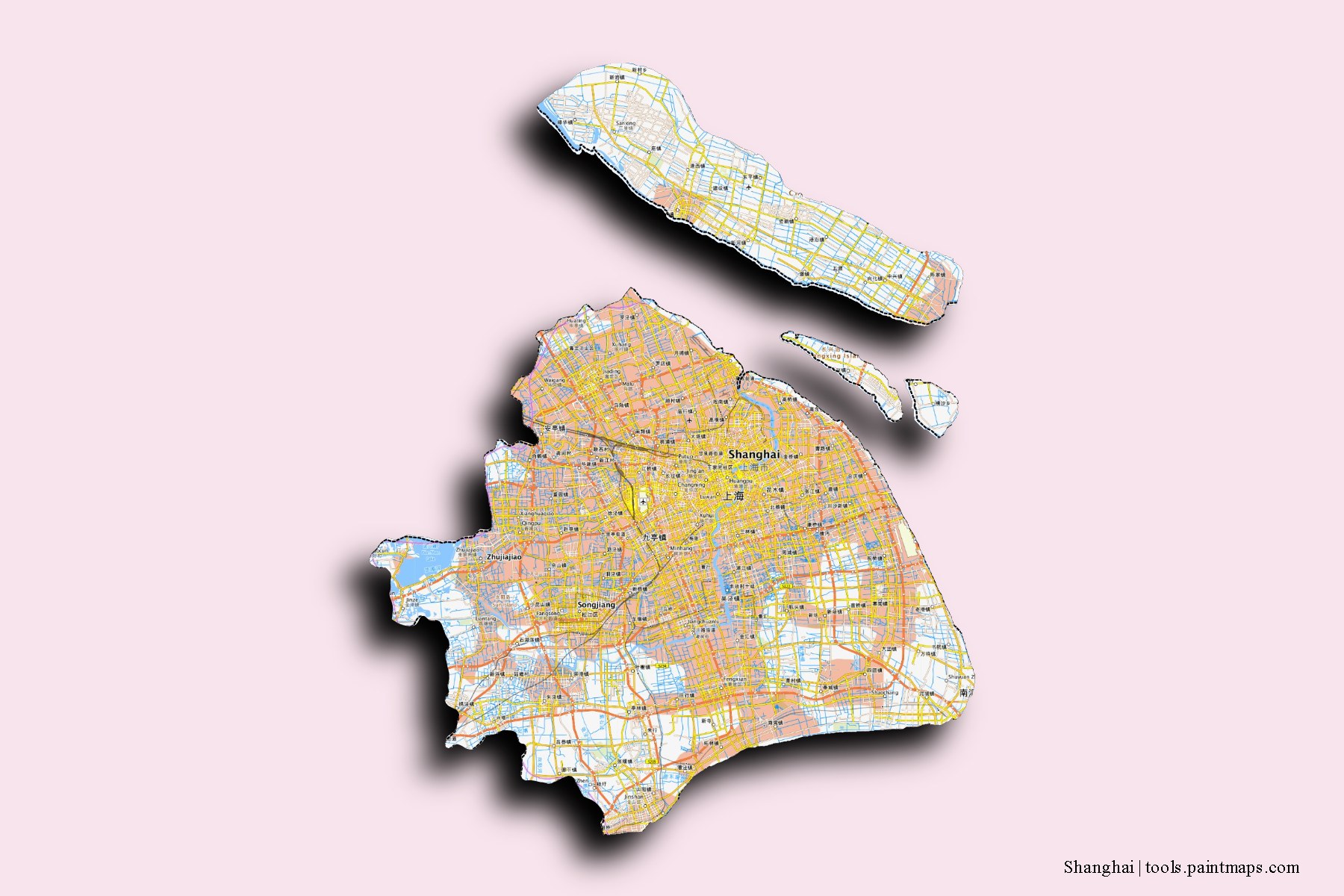 Shanghai and counties map with 3D shadow effect