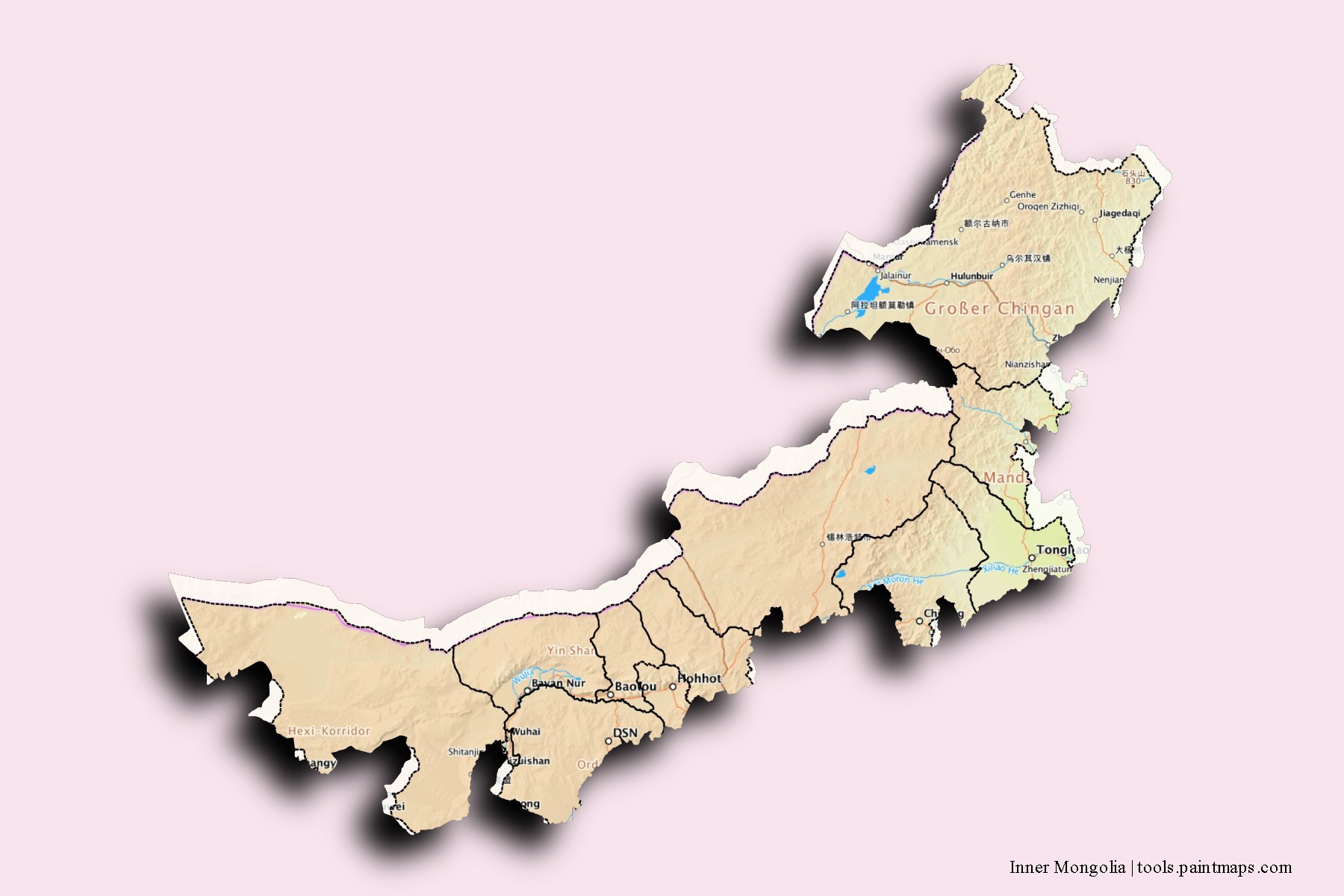 Mapa de Inner Mongolia y sus distritos con efecto de sombra 3D