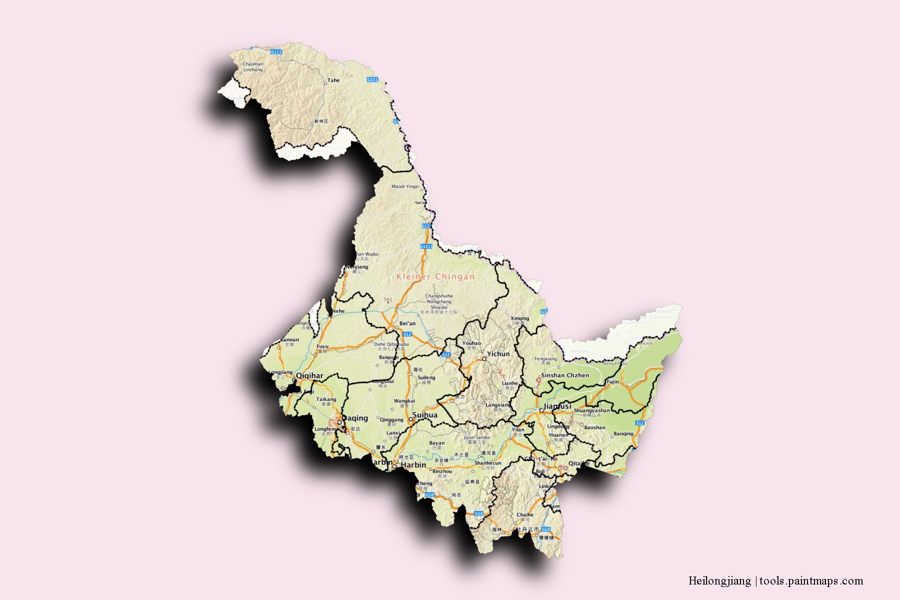 Mapa de Heilongjiang y sus distritos con efecto de sombra 3D