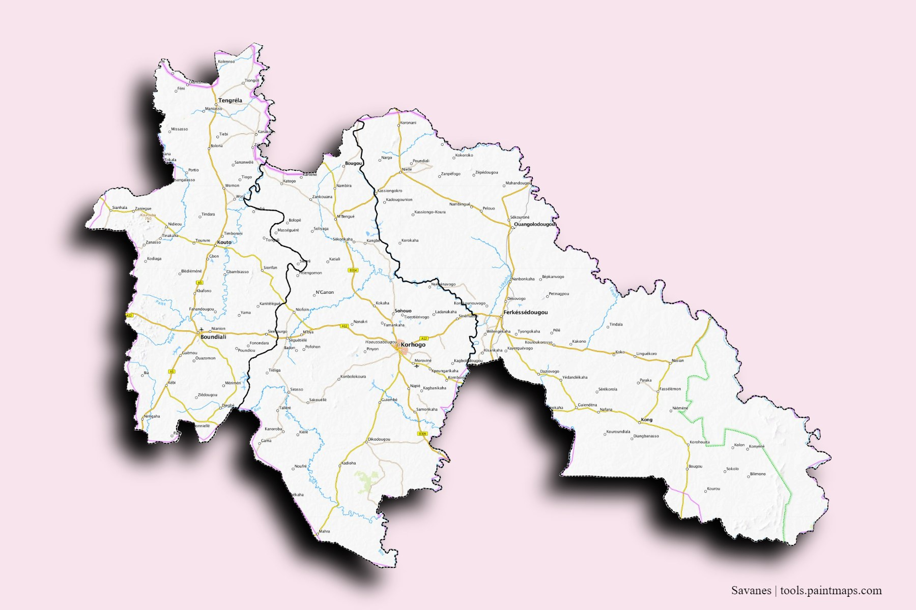 Savanes and counties map with 3D shadow effect