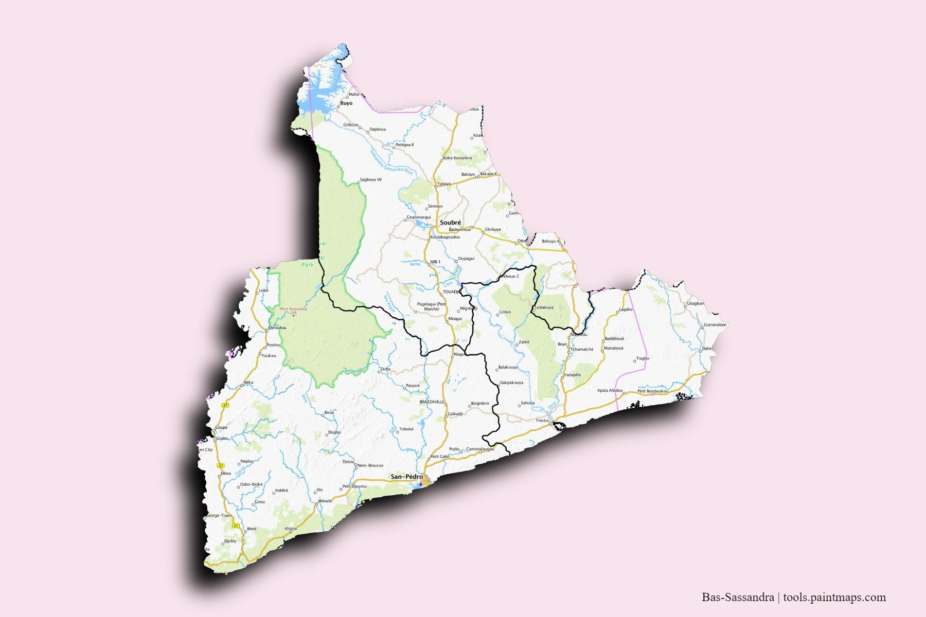 Mapa de Bas-Sassandra y sus distritos con efecto de sombra 3D