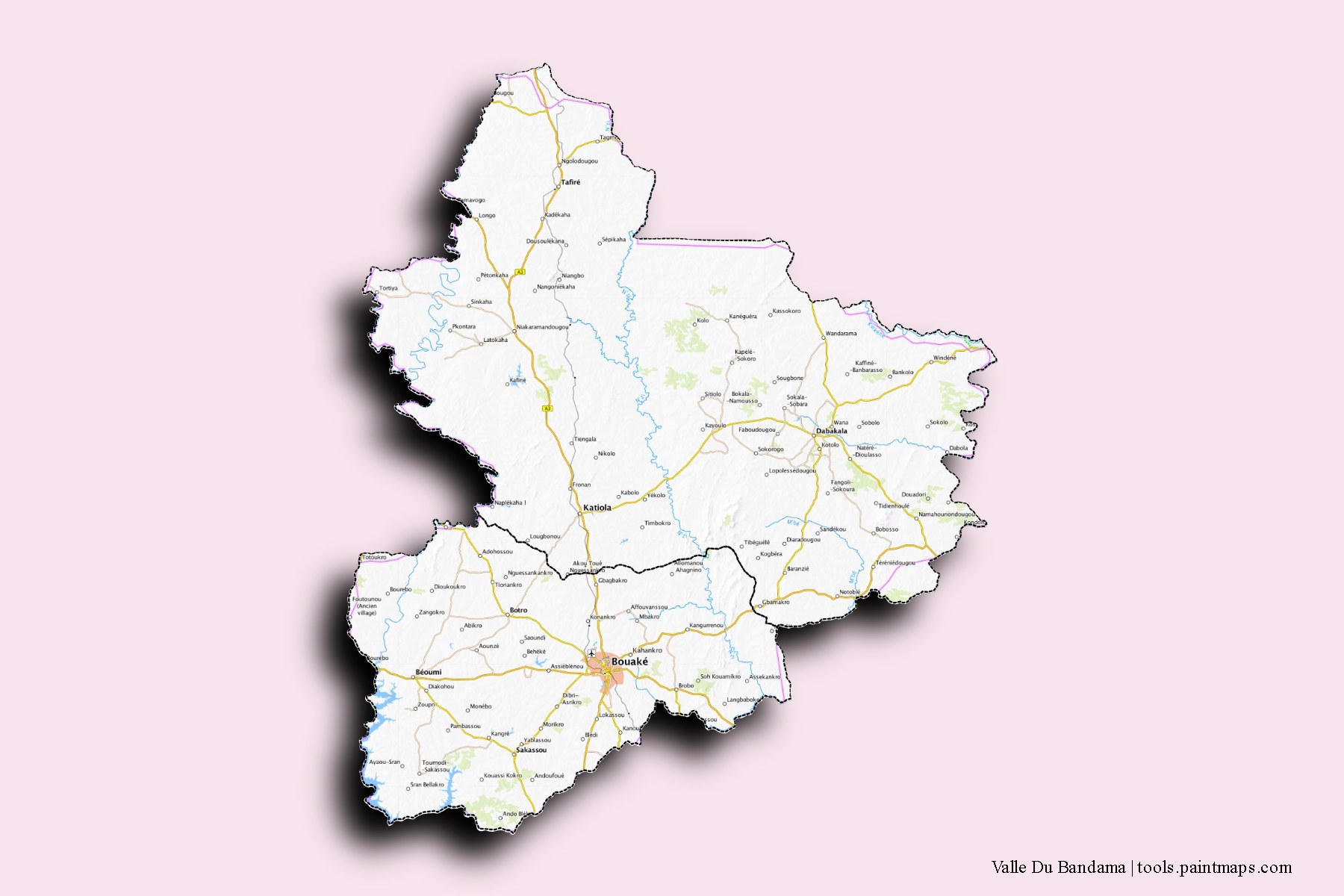 3D gölge efektli Vallée du Bandama District ve ilçeleri haritası