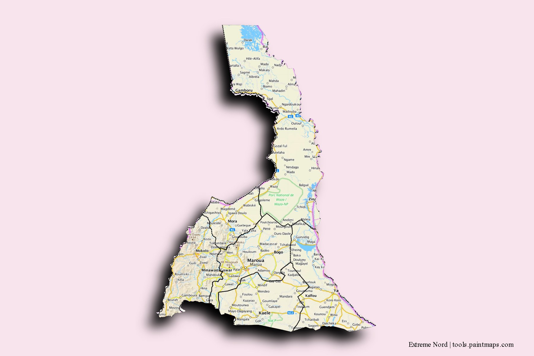 Mapa de Extreme Nord y sus distritos con efecto de sombra 3D