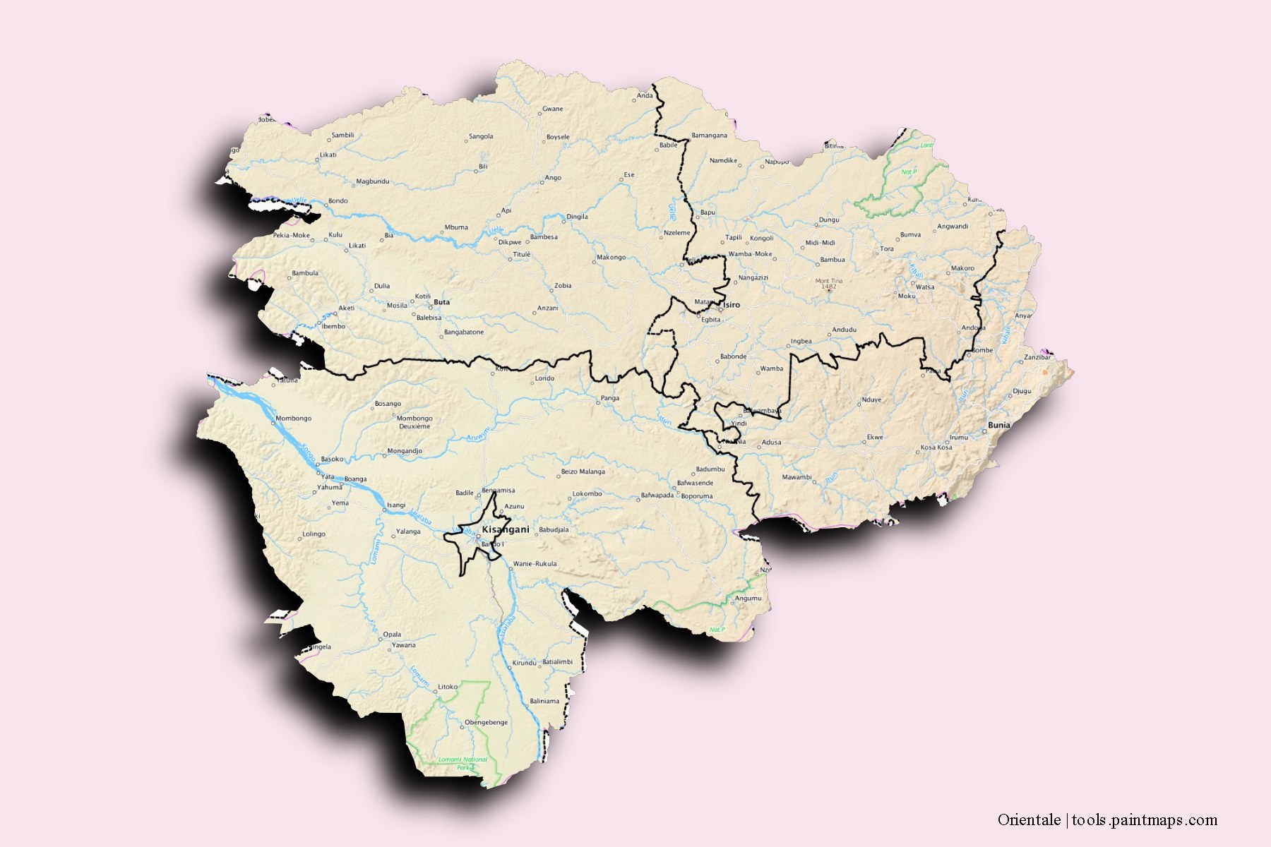 Mapa de Orientale y sus distritos con efecto de sombra 3D