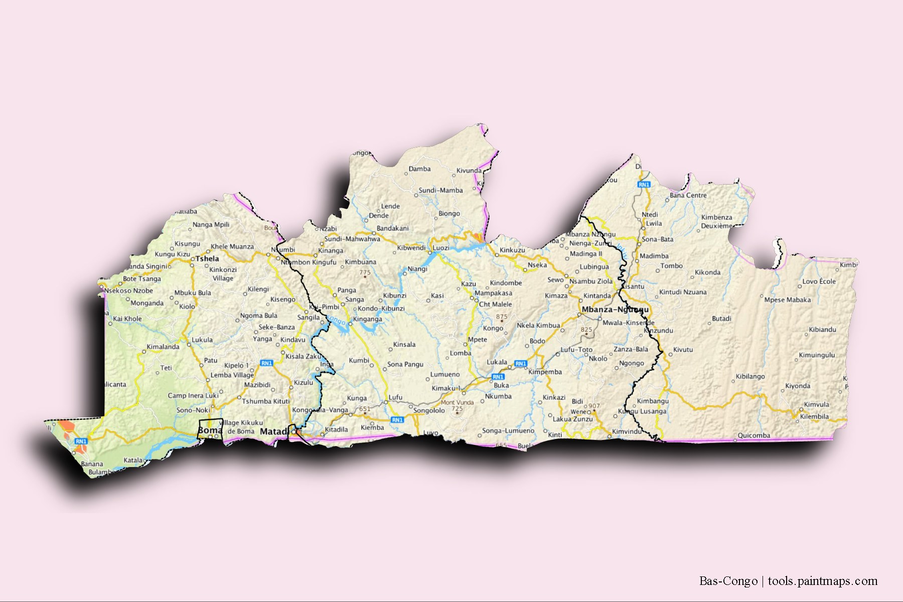 Bas-Congo Province and counties map with 3D shadow effect