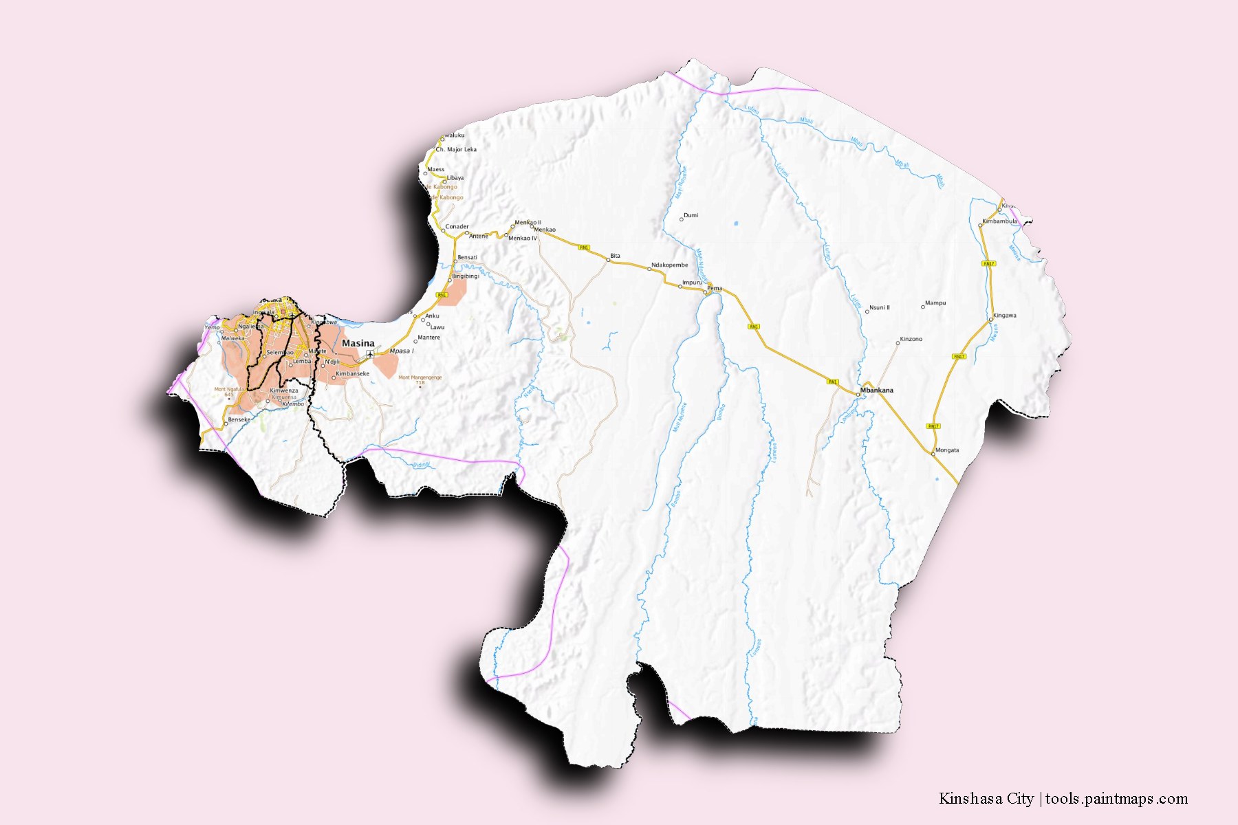 Kinshasa City and counties map with 3D shadow effect