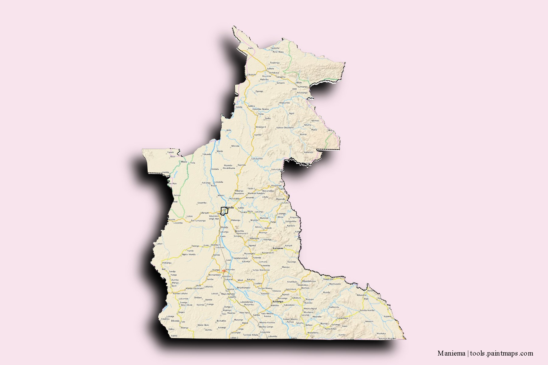 Maniema and counties map with 3D shadow effect