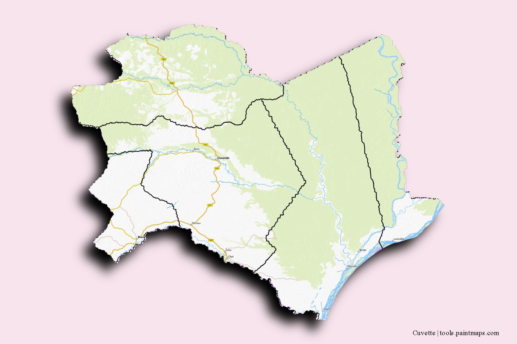 Cuvette Department and counties map with 3D shadow effect