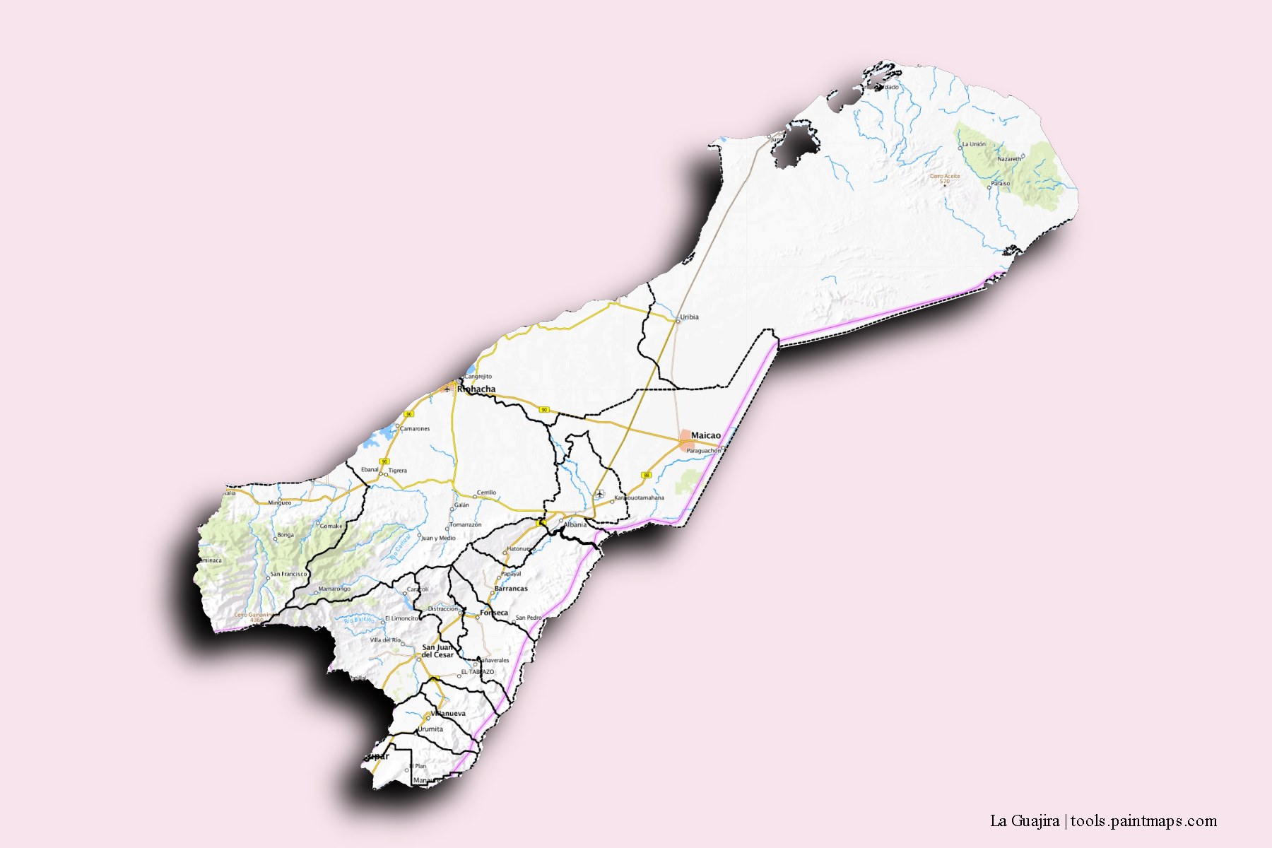 Mapa de La Guajira y sus distritos con efecto de sombra 3D