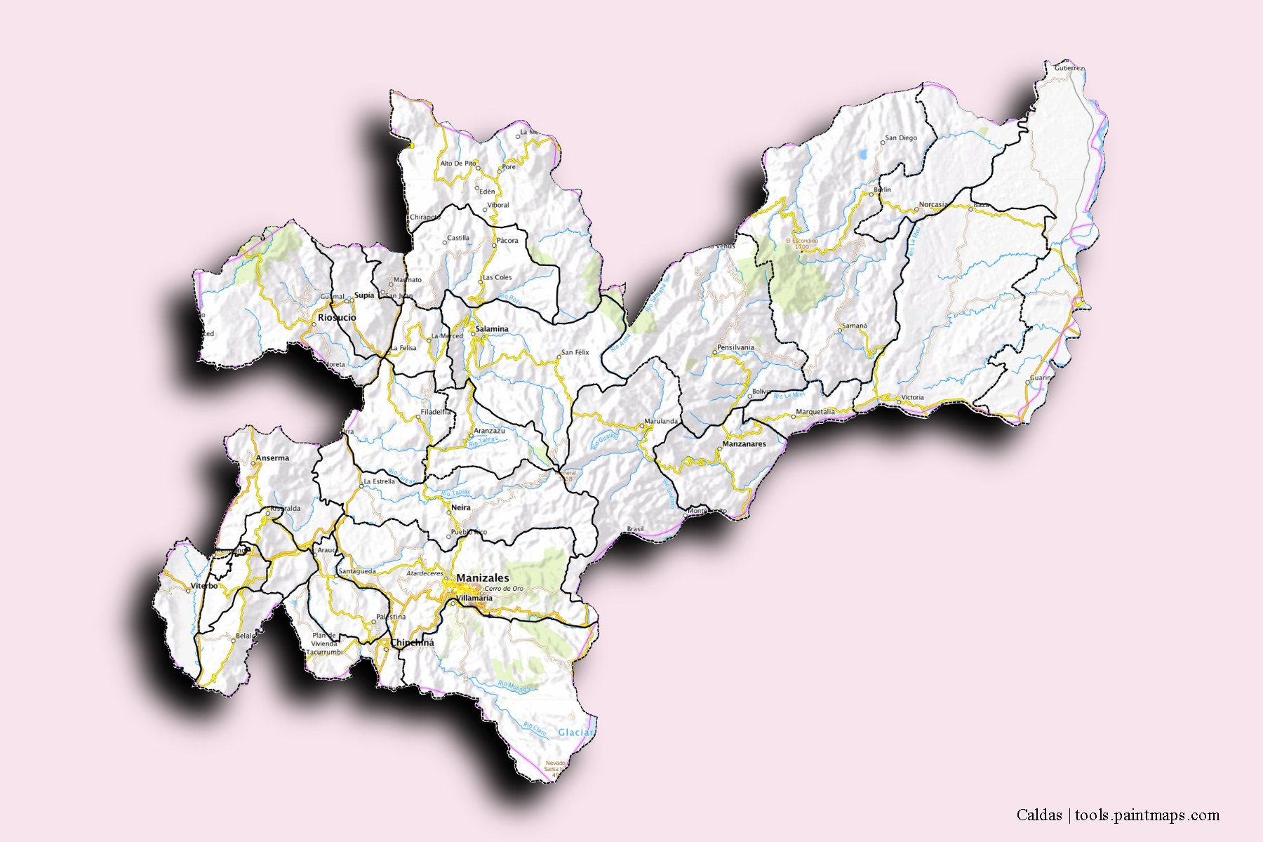 Caldas and counties map with 3D shadow effect