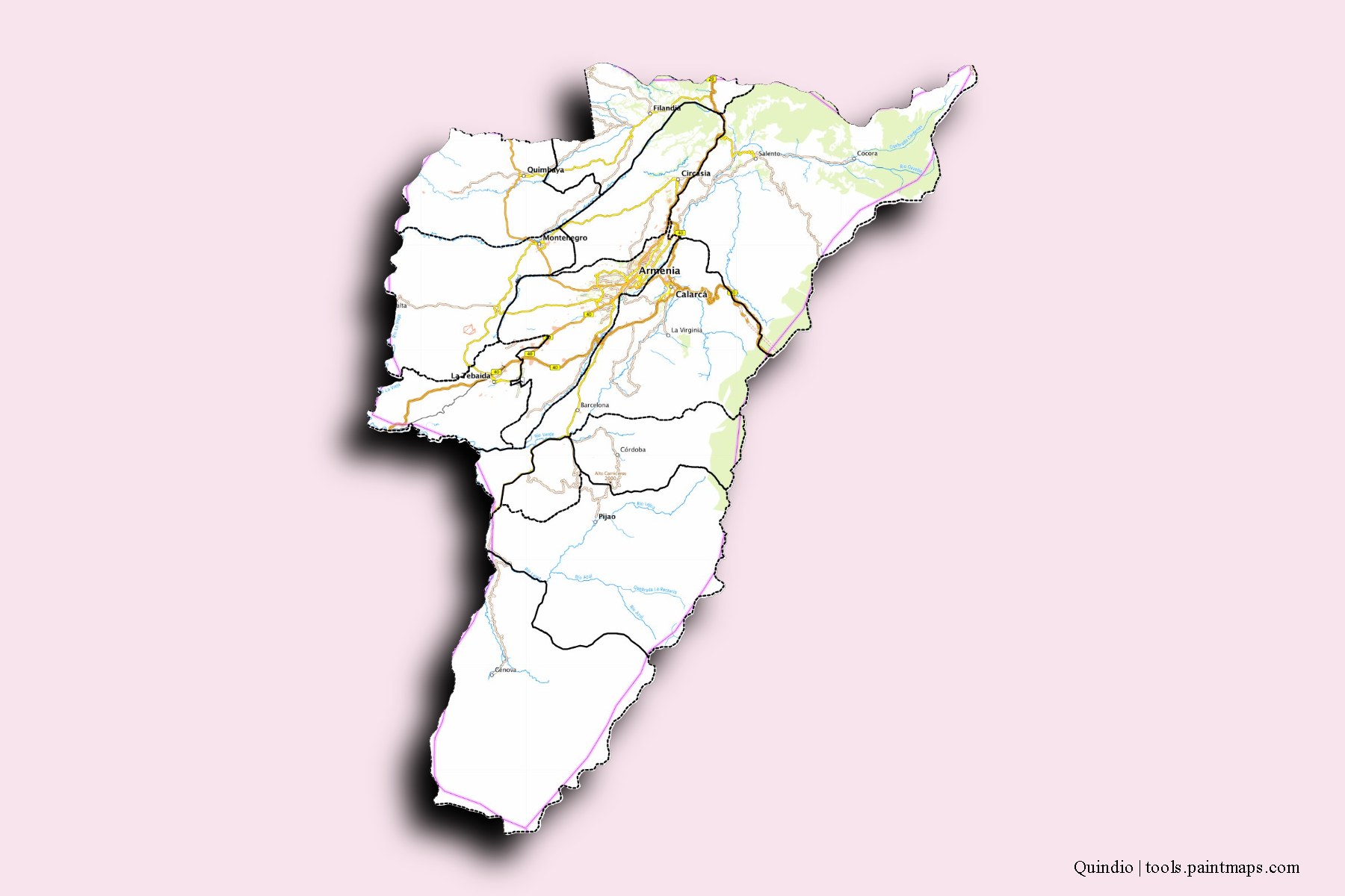 Mapa de Quindio y sus distritos con efecto de sombra 3D