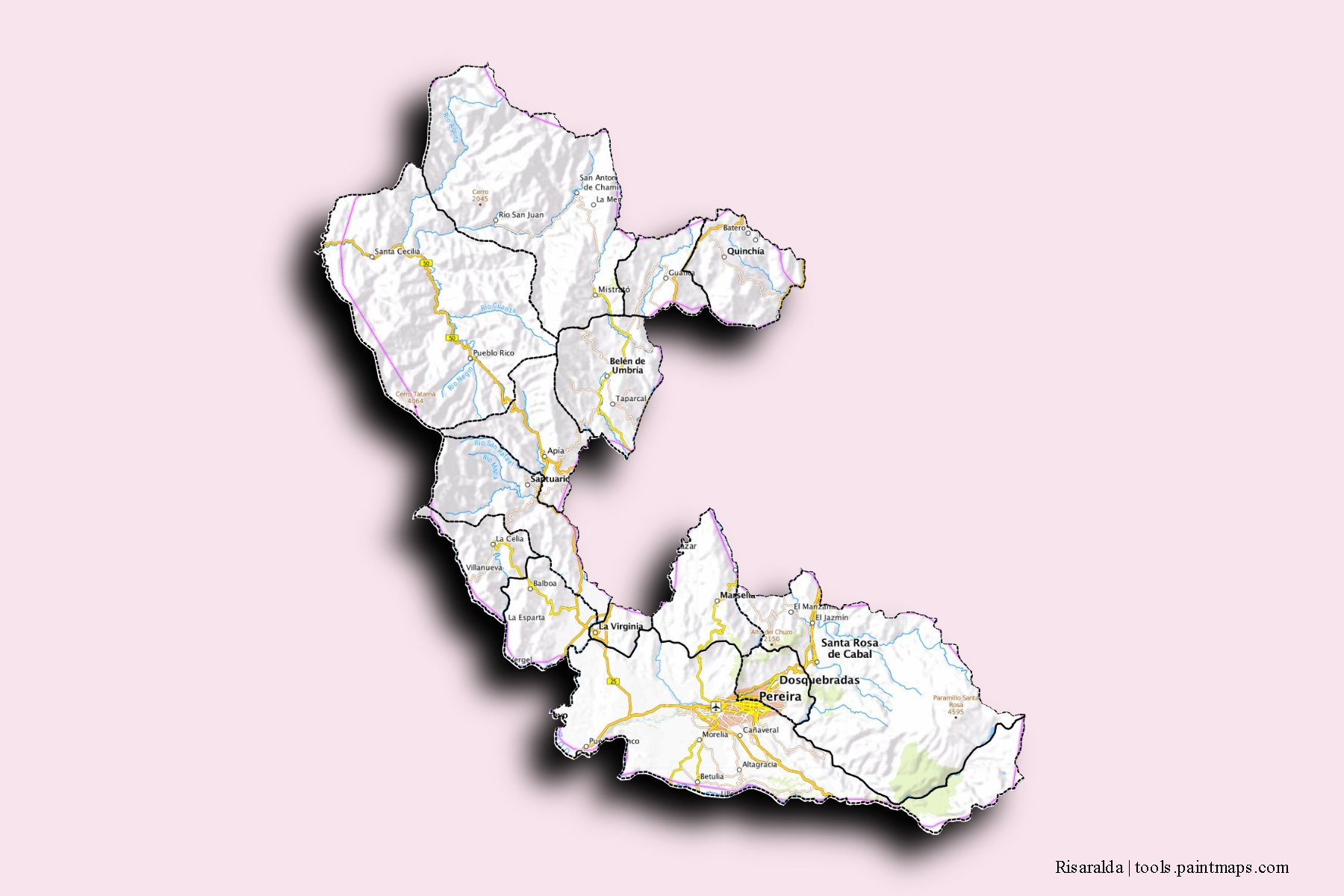 Risaralda and counties map with 3D shadow effect