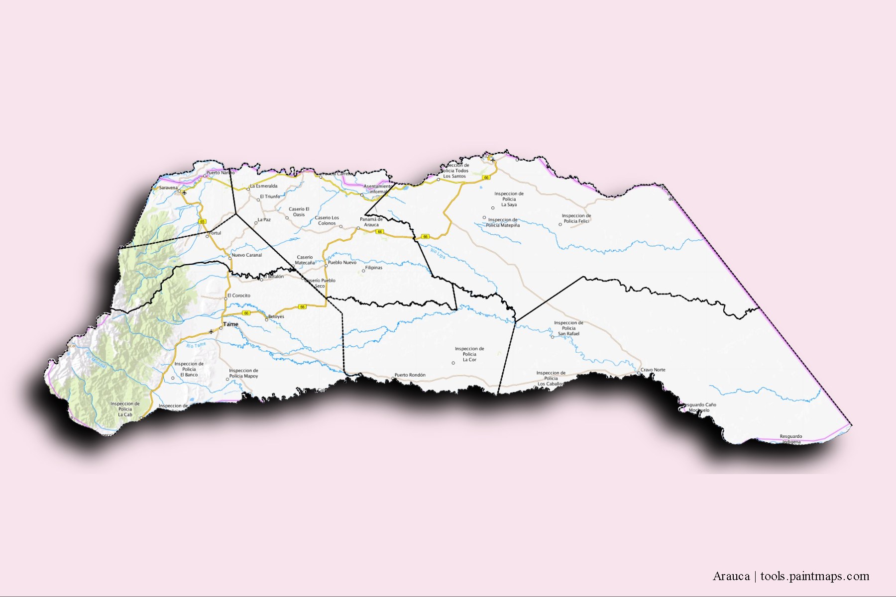 Mapa de Arauca y sus distritos con efecto de sombra 3D