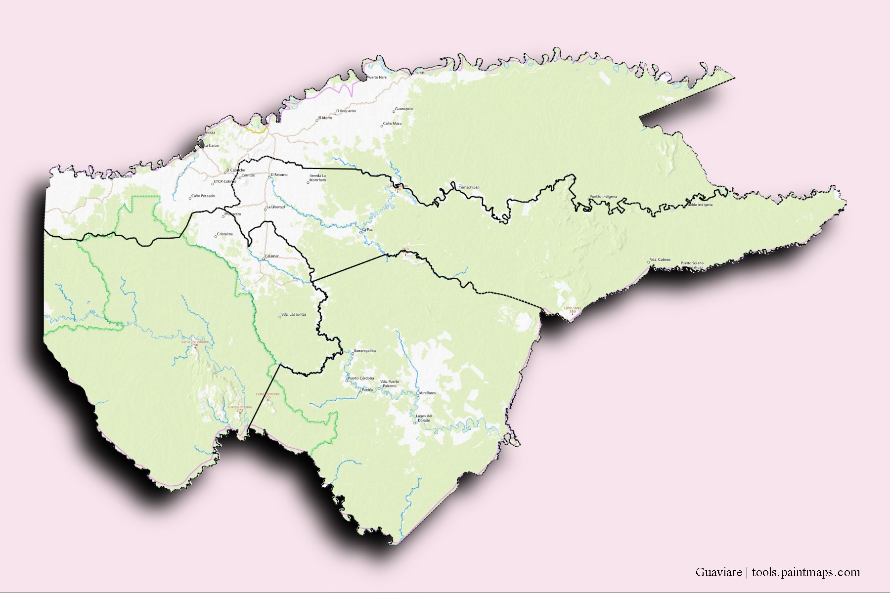 Guaviare and counties map with 3D shadow effect