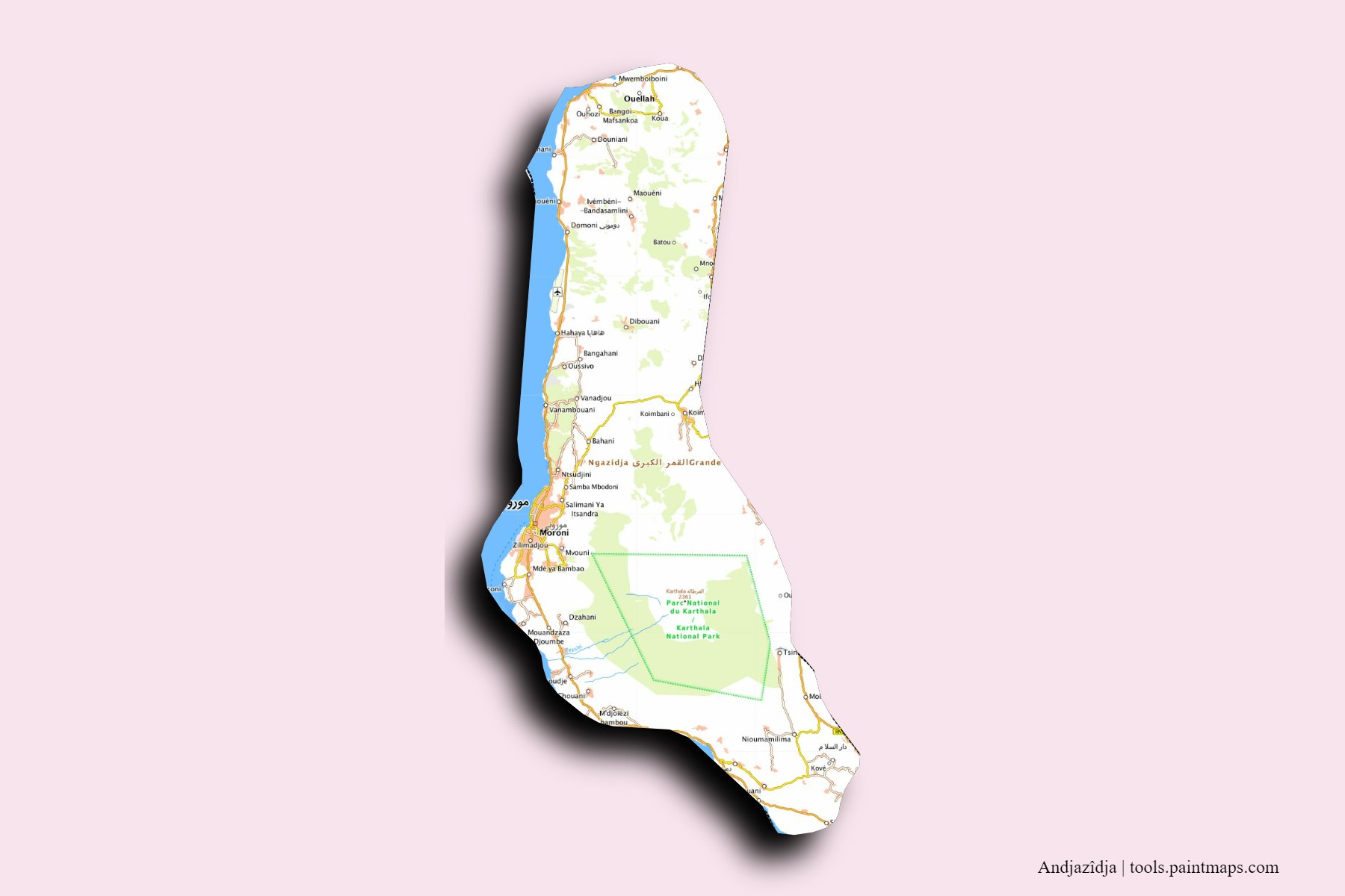 Mapa de Andjazîdja y sus distritos con efecto de sombra 3D