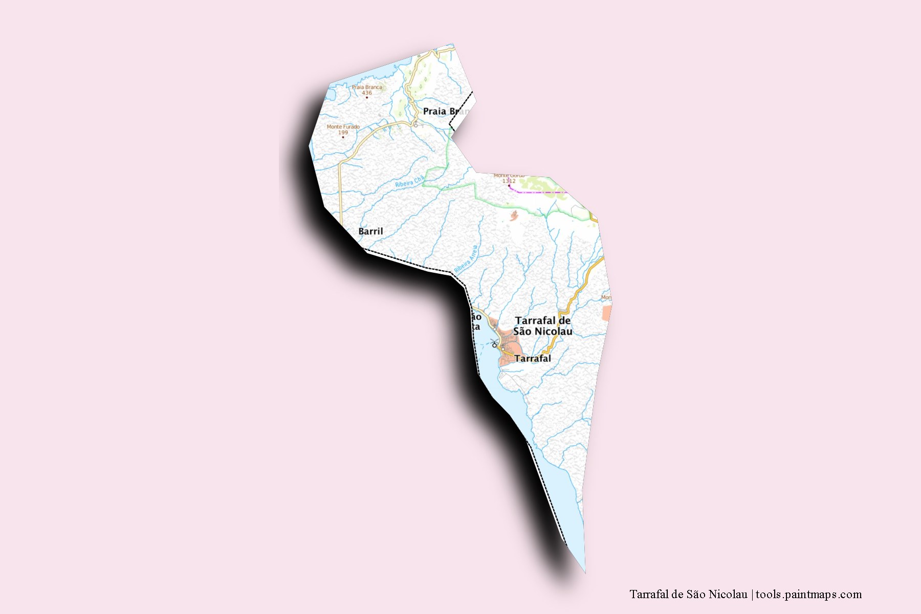 Mapa de Tarrafal de São Nicolau y sus distritos con efecto de sombra 3D