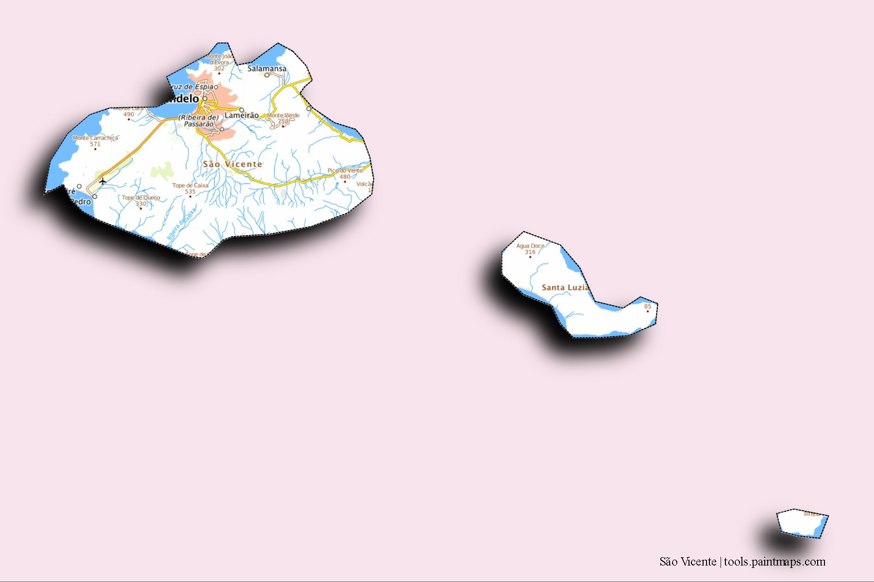 São Vicente Municipality and counties map with 3D shadow effect