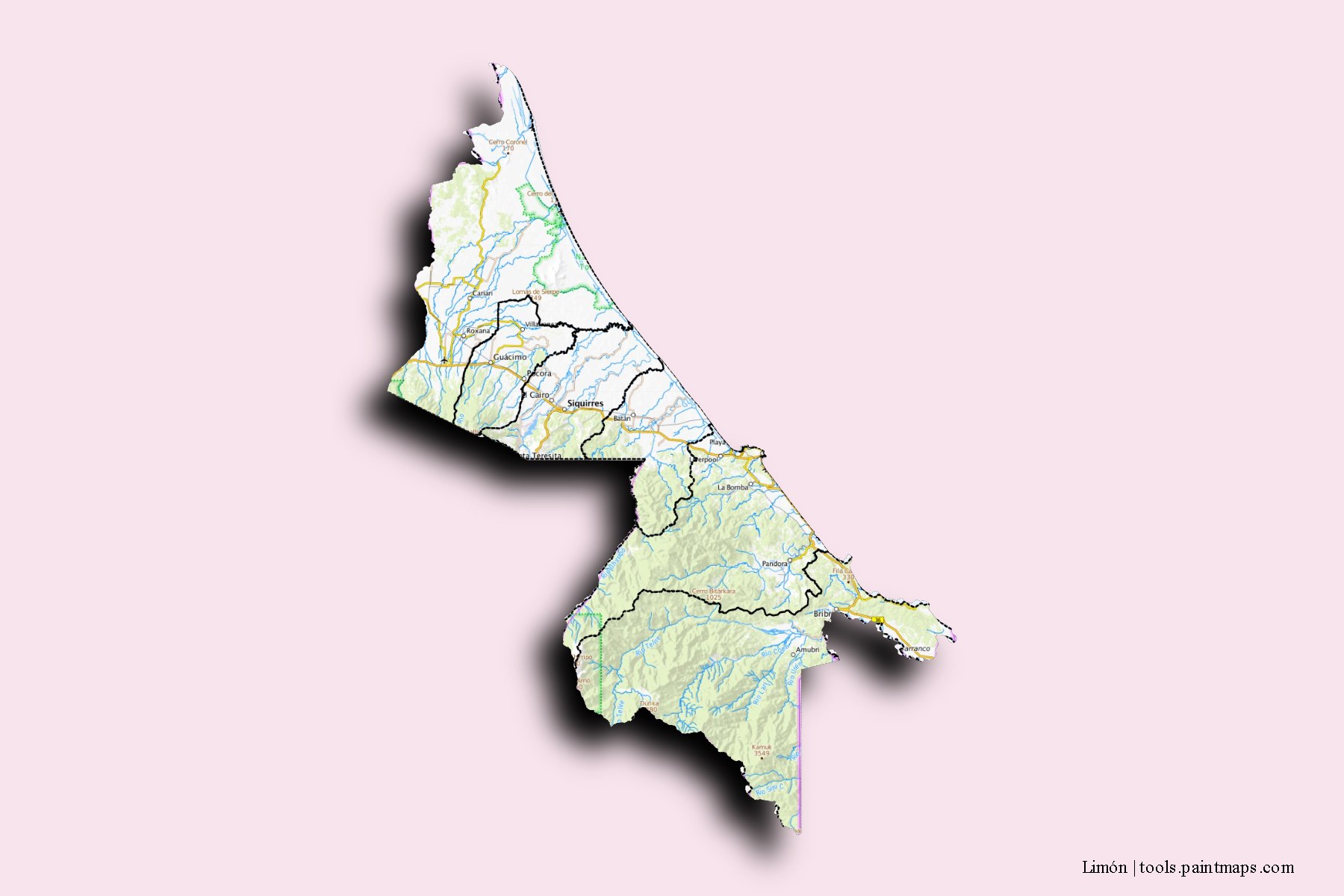 Mapa de Limón y sus distritos con efecto de sombra 3D