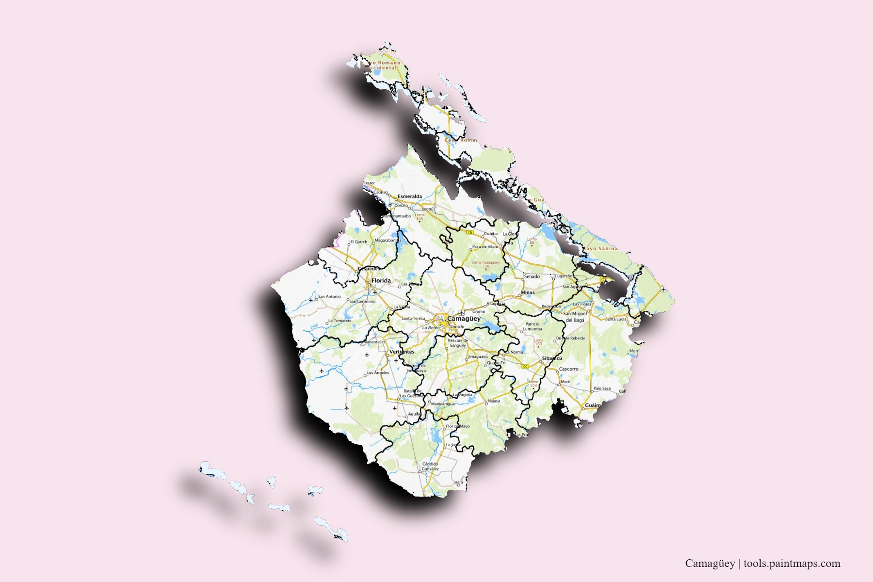 Camagüey and counties map with 3D shadow effect