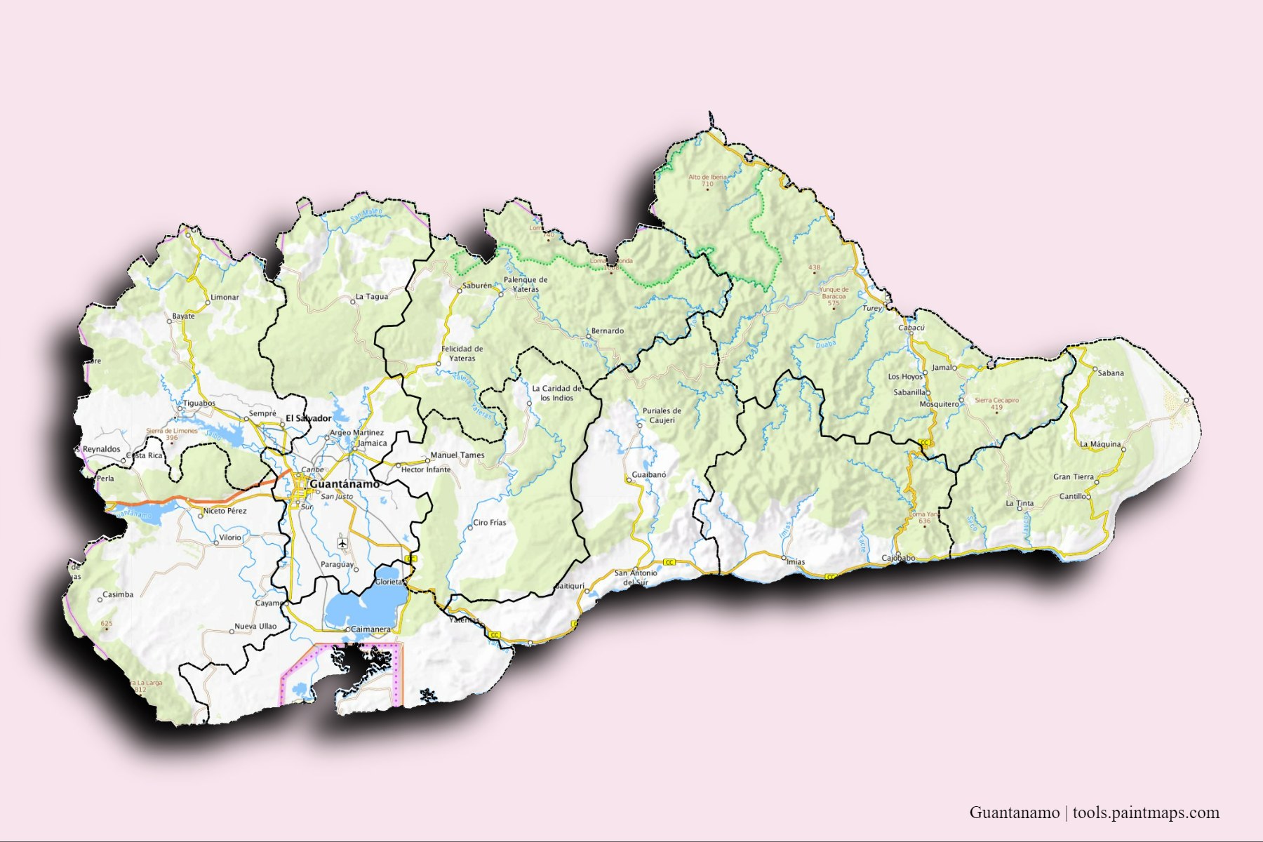 3D gölge efektli Guantánamo ili ve ilçeleri haritası