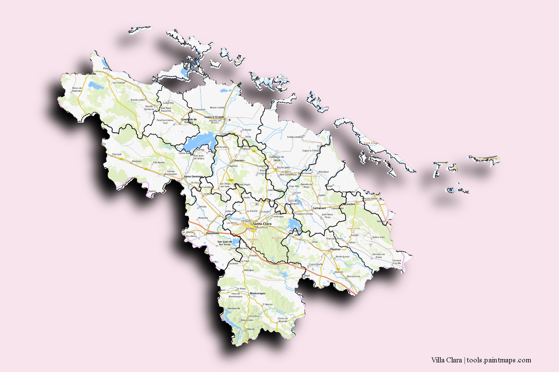 Mapa de Villa Clara y sus distritos con efecto de sombra 3D