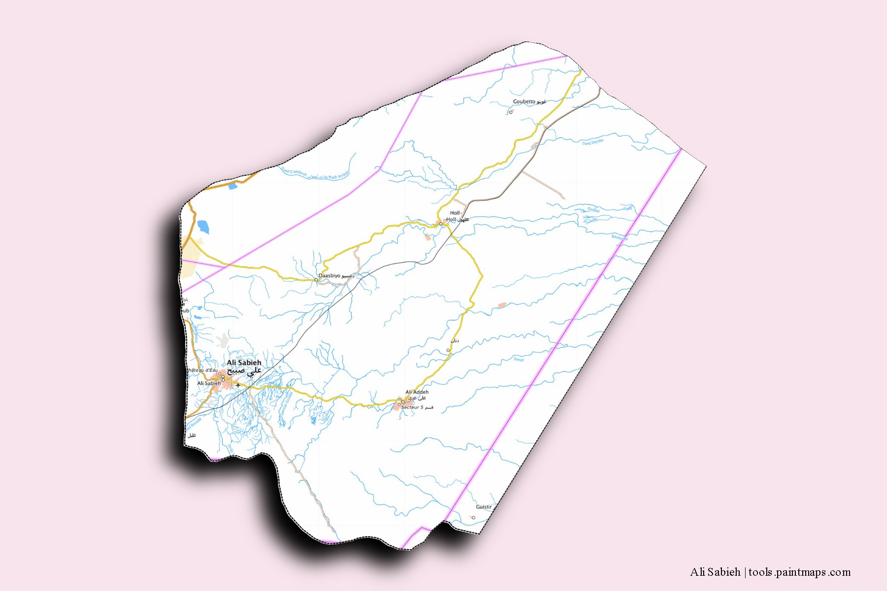 Mapa de Ali Sabieh y sus distritos con efecto de sombra 3D