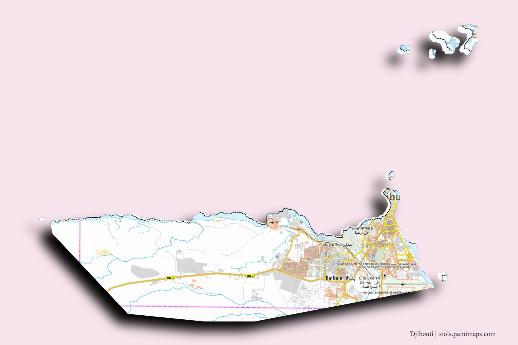 Djibouti and counties map with 3D shadow effect