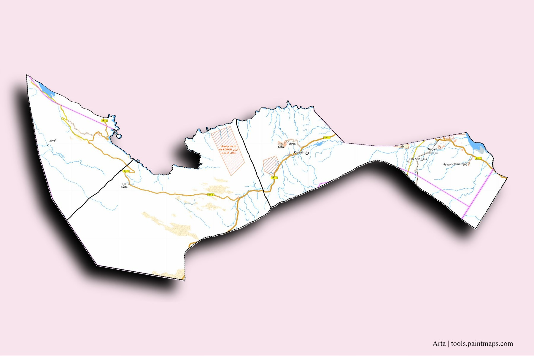 Arta and counties map with 3D shadow effect