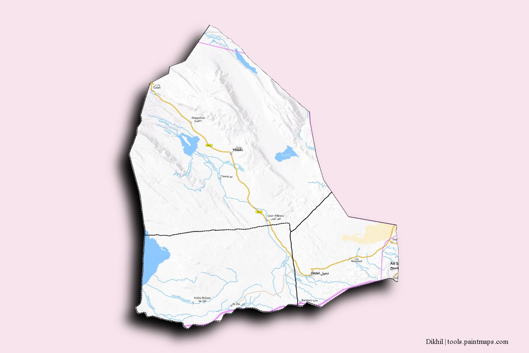 3D gölge efektli Dikhil Bölgesi ve ilçeleri haritası