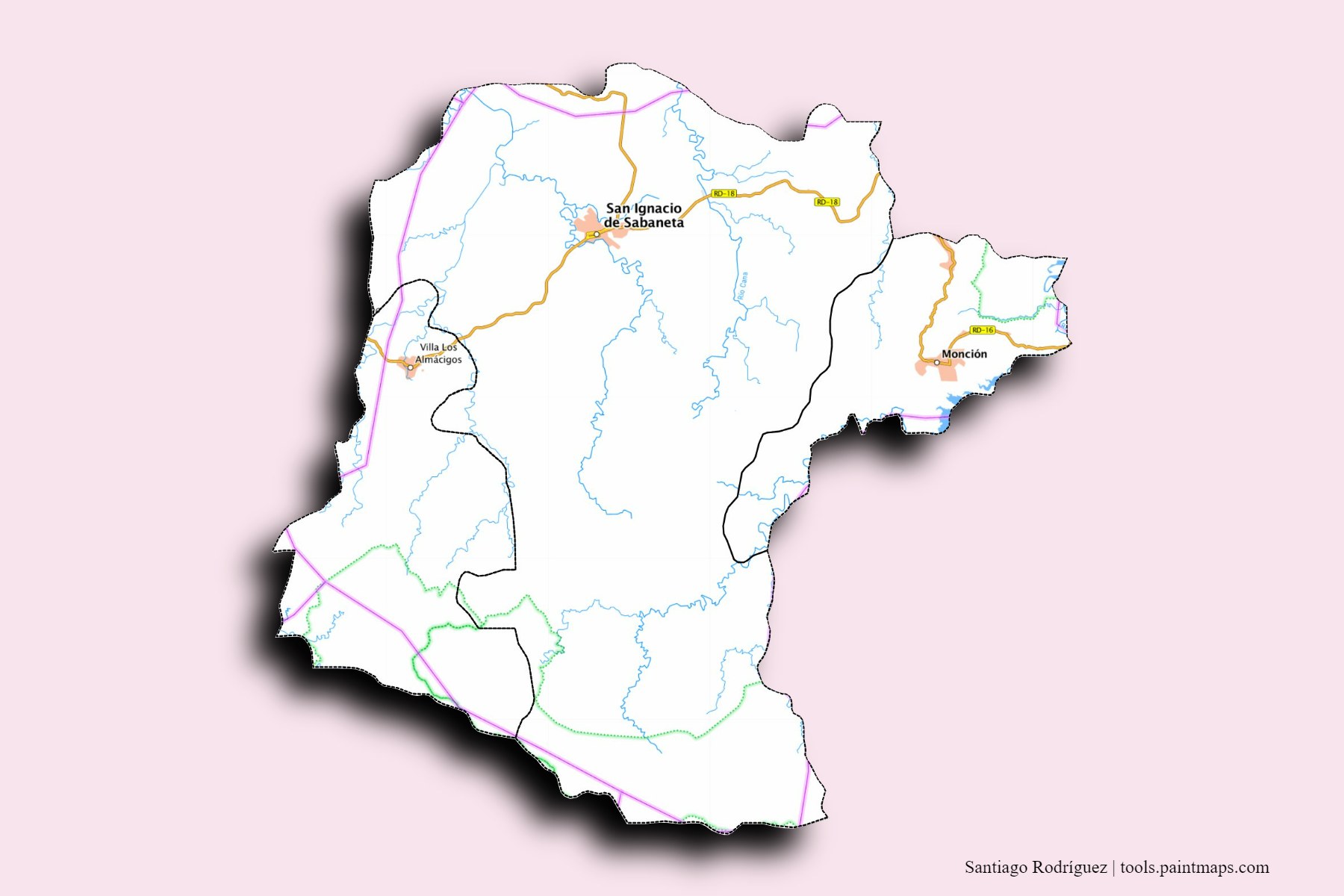 Mapa de Santiago Rodríguez y sus distritos con efecto de sombra 3D