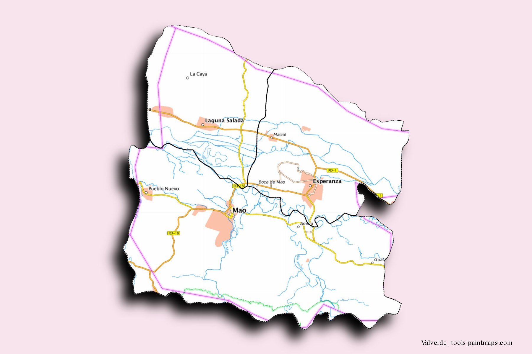 Mapa de Valverde y sus distritos con efecto de sombra 3D