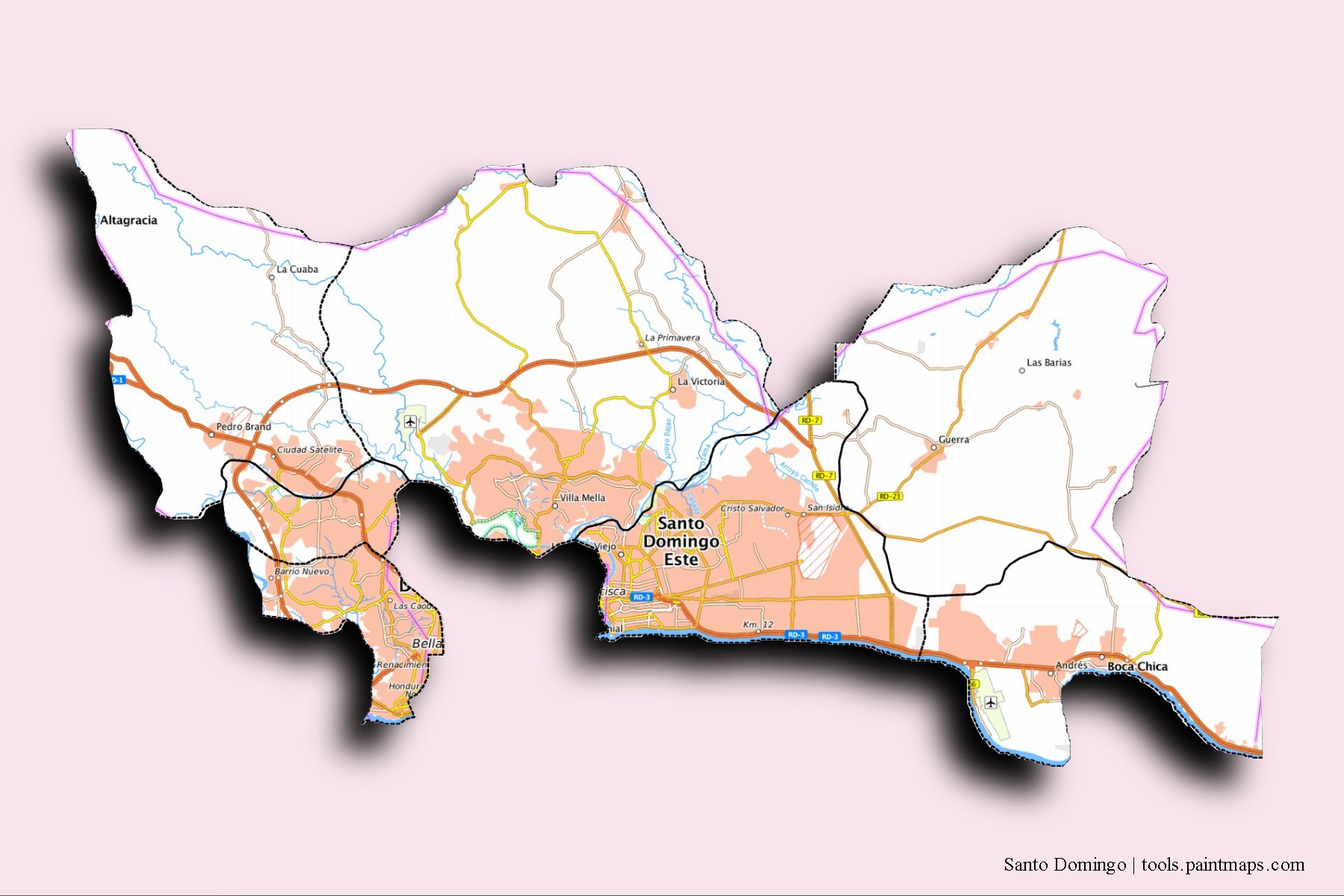 Santo Domingo and counties map with 3D shadow effect