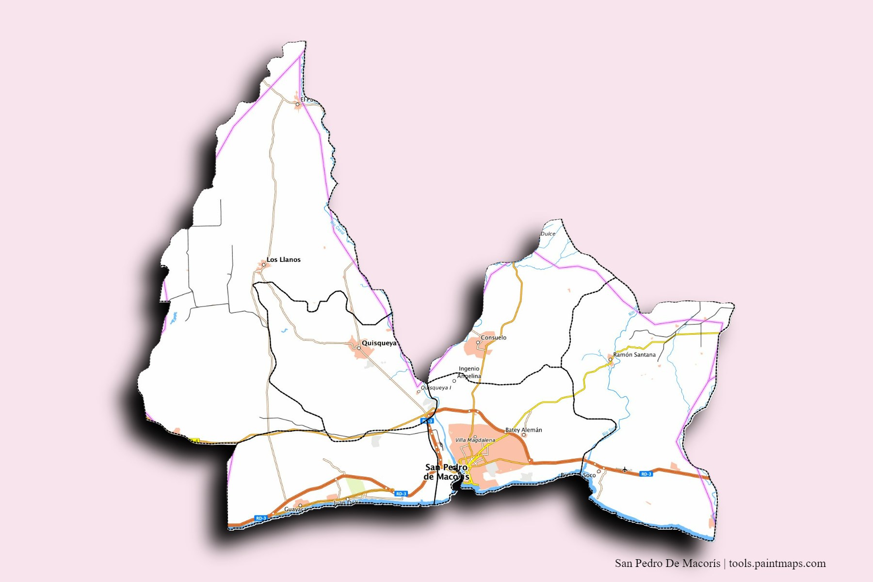 Mapa de San Pedro De Macorís y sus distritos con efecto de sombra 3D