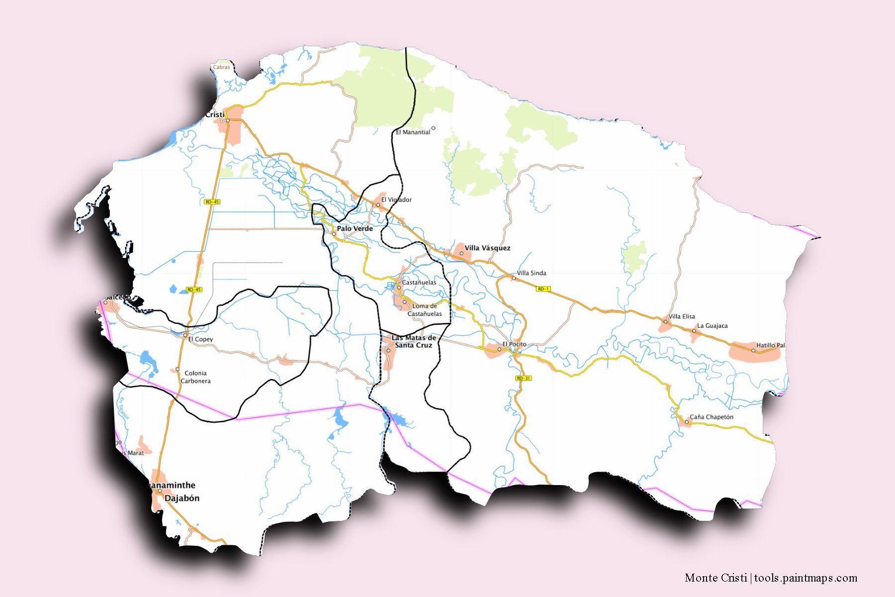 Mapa de Monte Cristi y sus distritos con efecto de sombra 3D