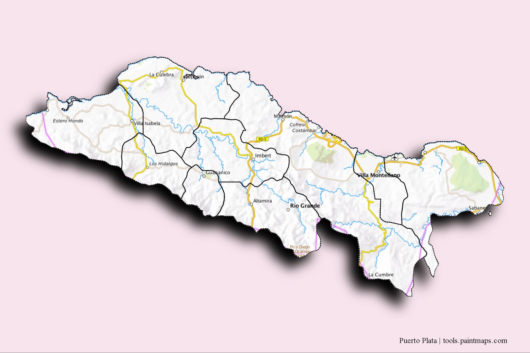 Mapa de Puerto Plata y sus distritos con efecto de sombra 3D