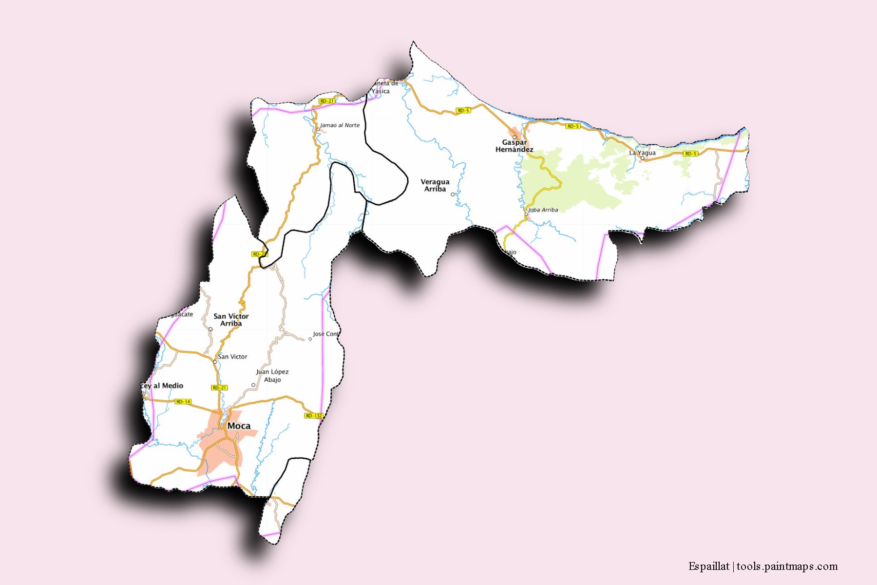 Mapa de Espaillat y sus distritos con efecto de sombra 3D