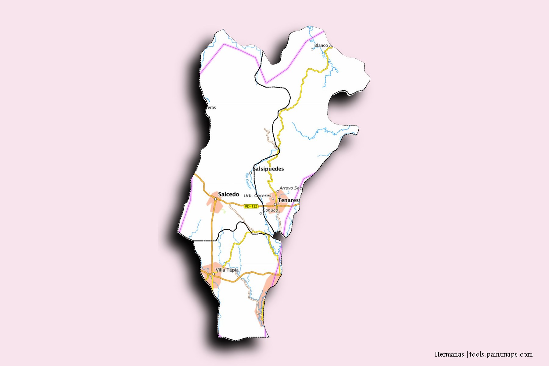 Hermanas and counties map with 3D shadow effect