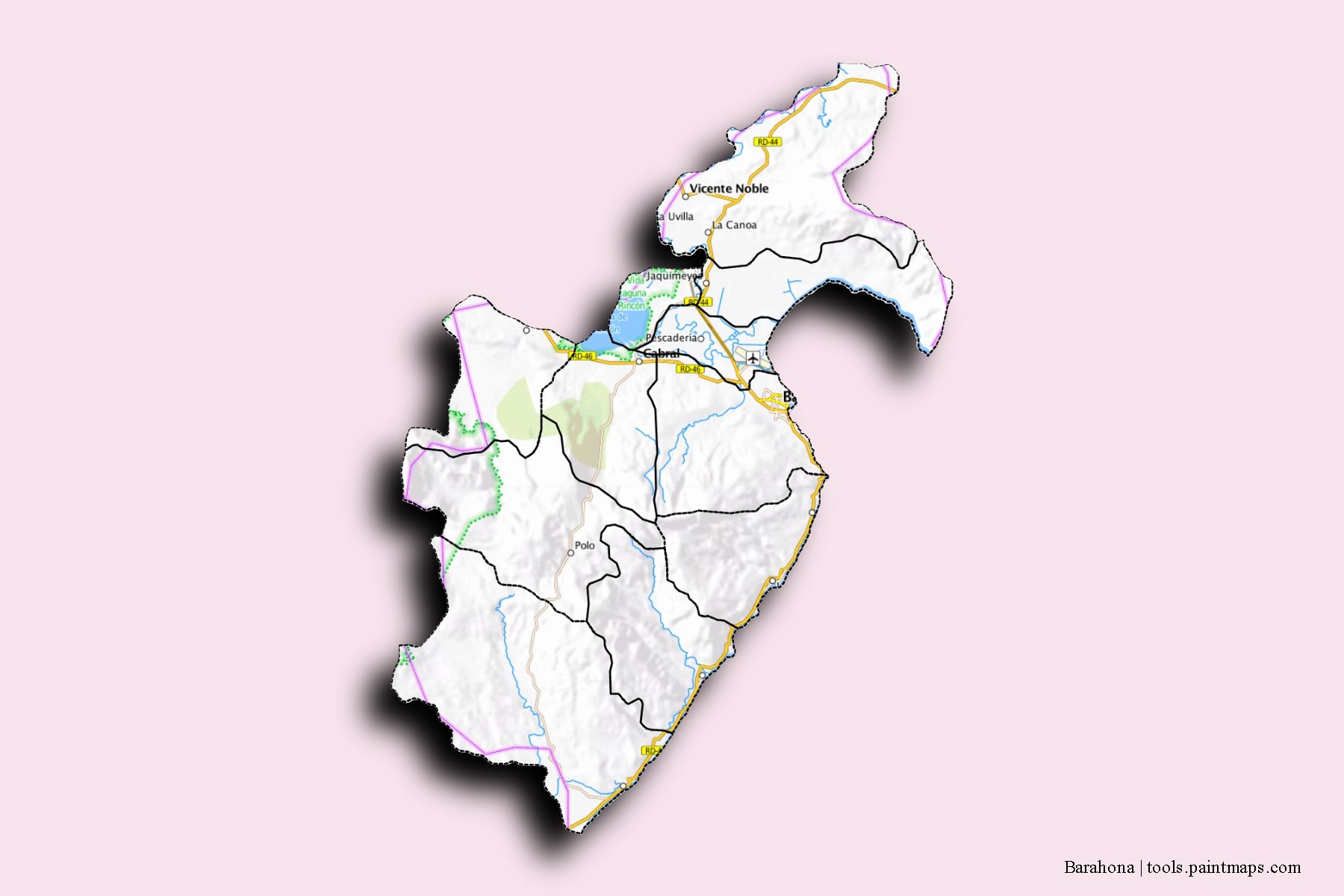 Mapa de Barahona y sus distritos con efecto de sombra 3D