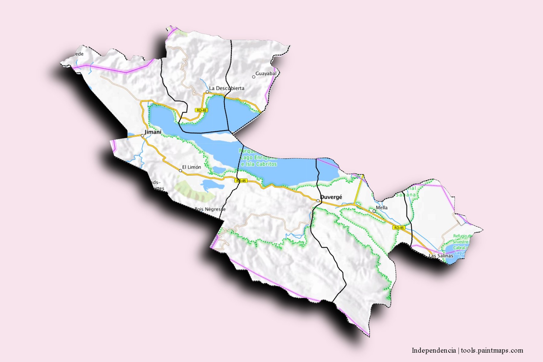 Mapa de Independencia y sus distritos con efecto de sombra 3D