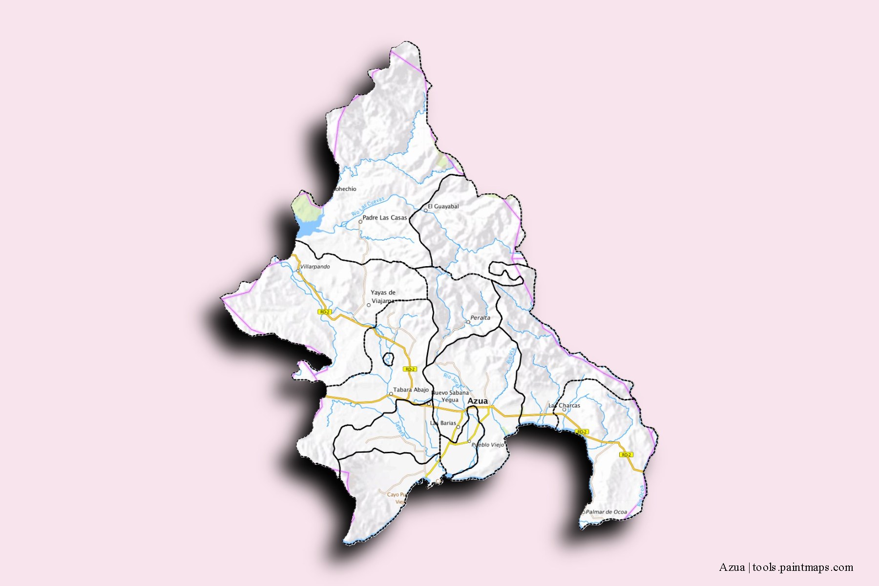 Mapa de Azua y sus distritos con efecto de sombra 3D