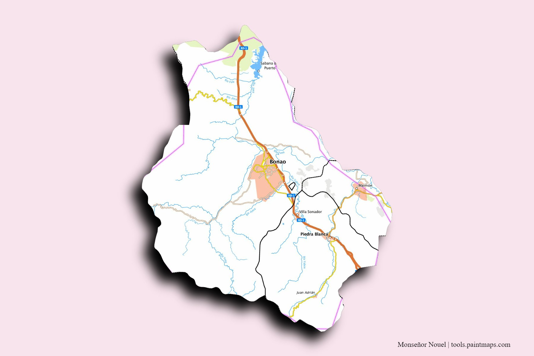 3D gölge efektli Monsenor Nouel Province ve ilçeleri haritası