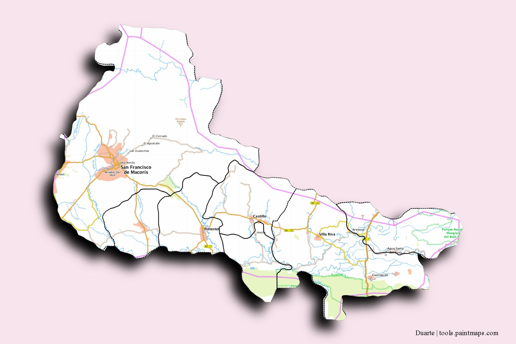Mapa de Duarte y sus distritos con efecto de sombra 3D