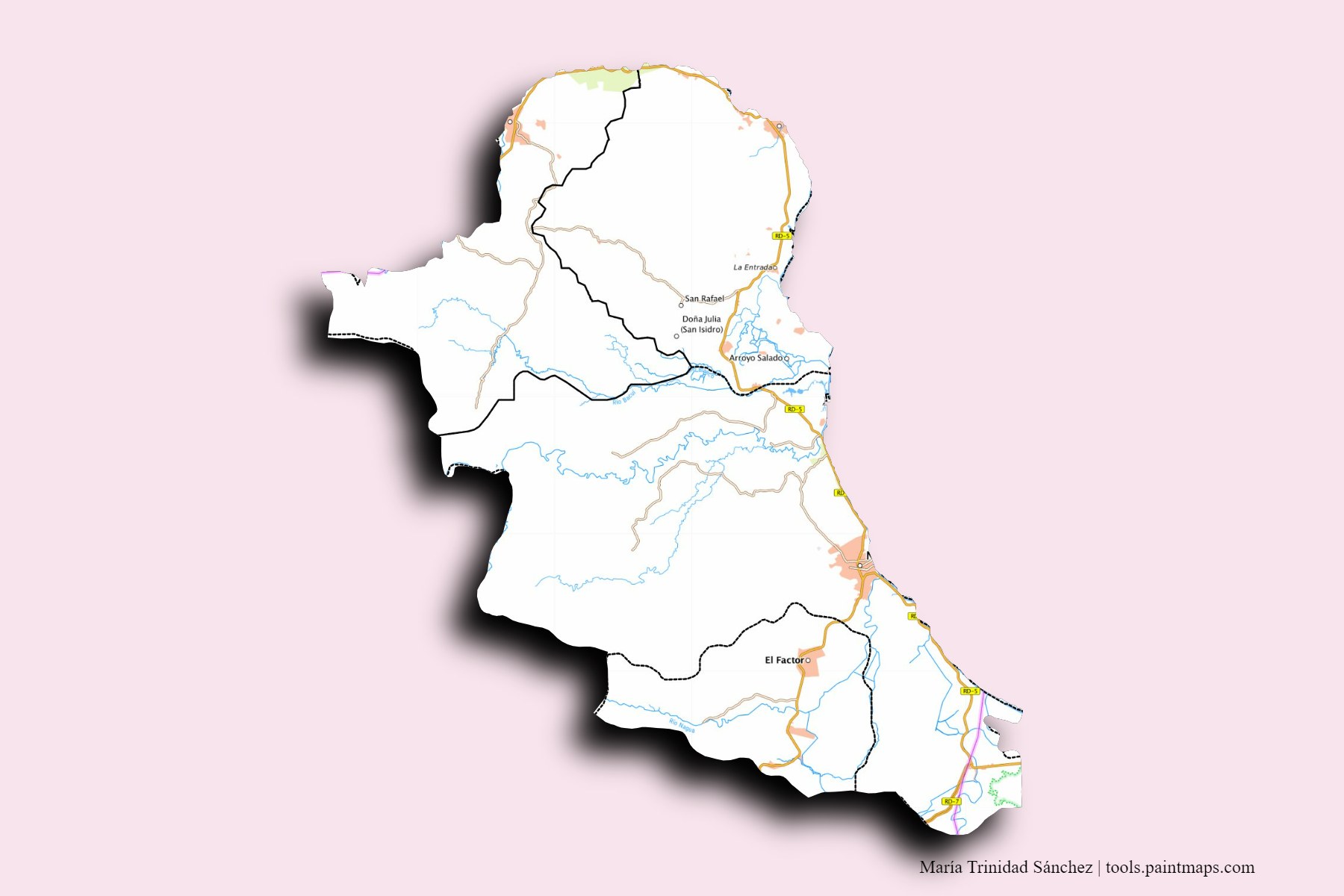 Mapa de María Trinidad Sánchez y sus distritos con efecto de sombra 3D