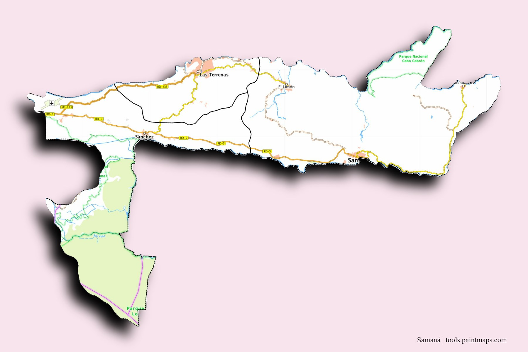 3D gölge efektli Samana Province ve ilçeleri haritası