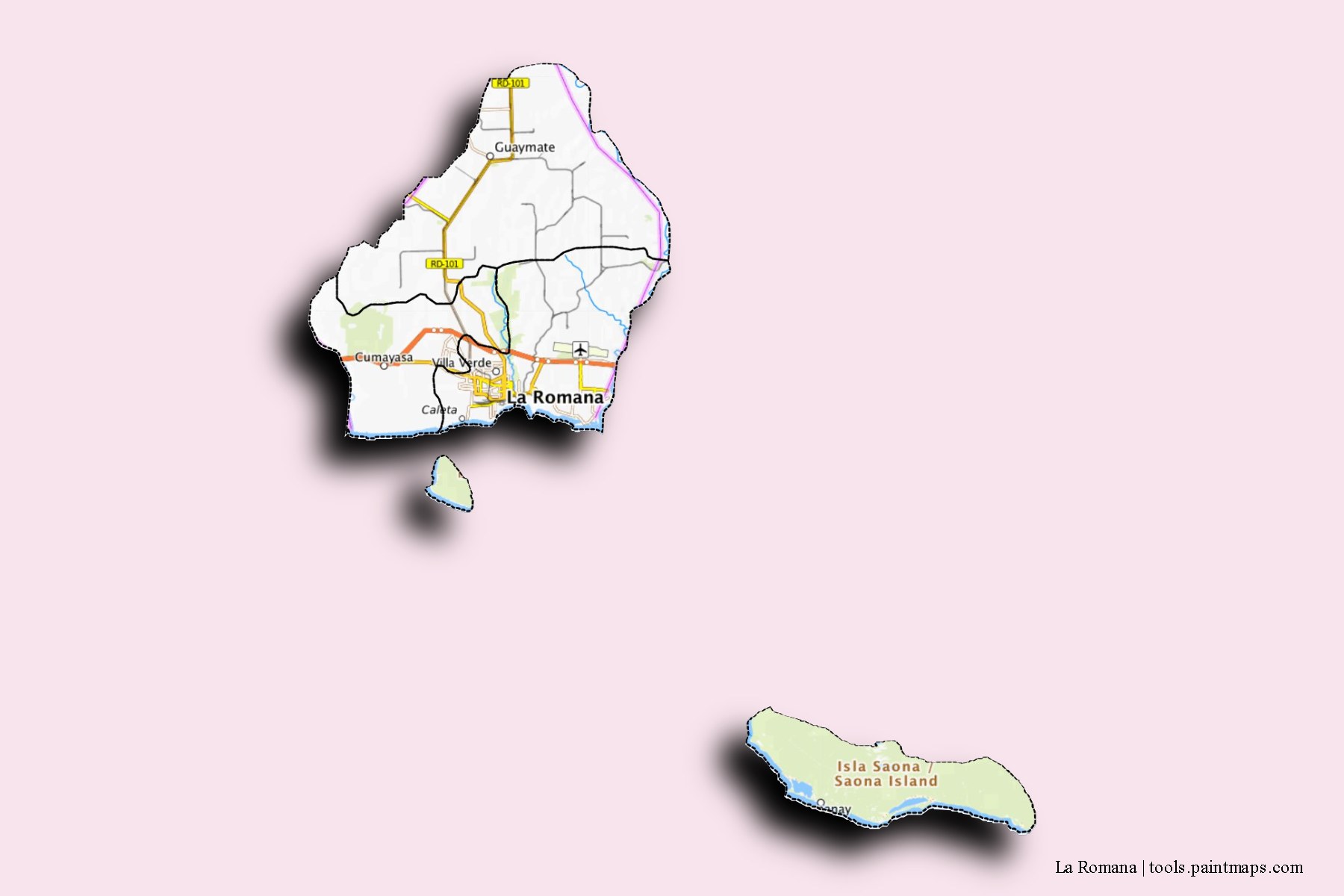 Mapa de La Romana y sus distritos con efecto de sombra 3D