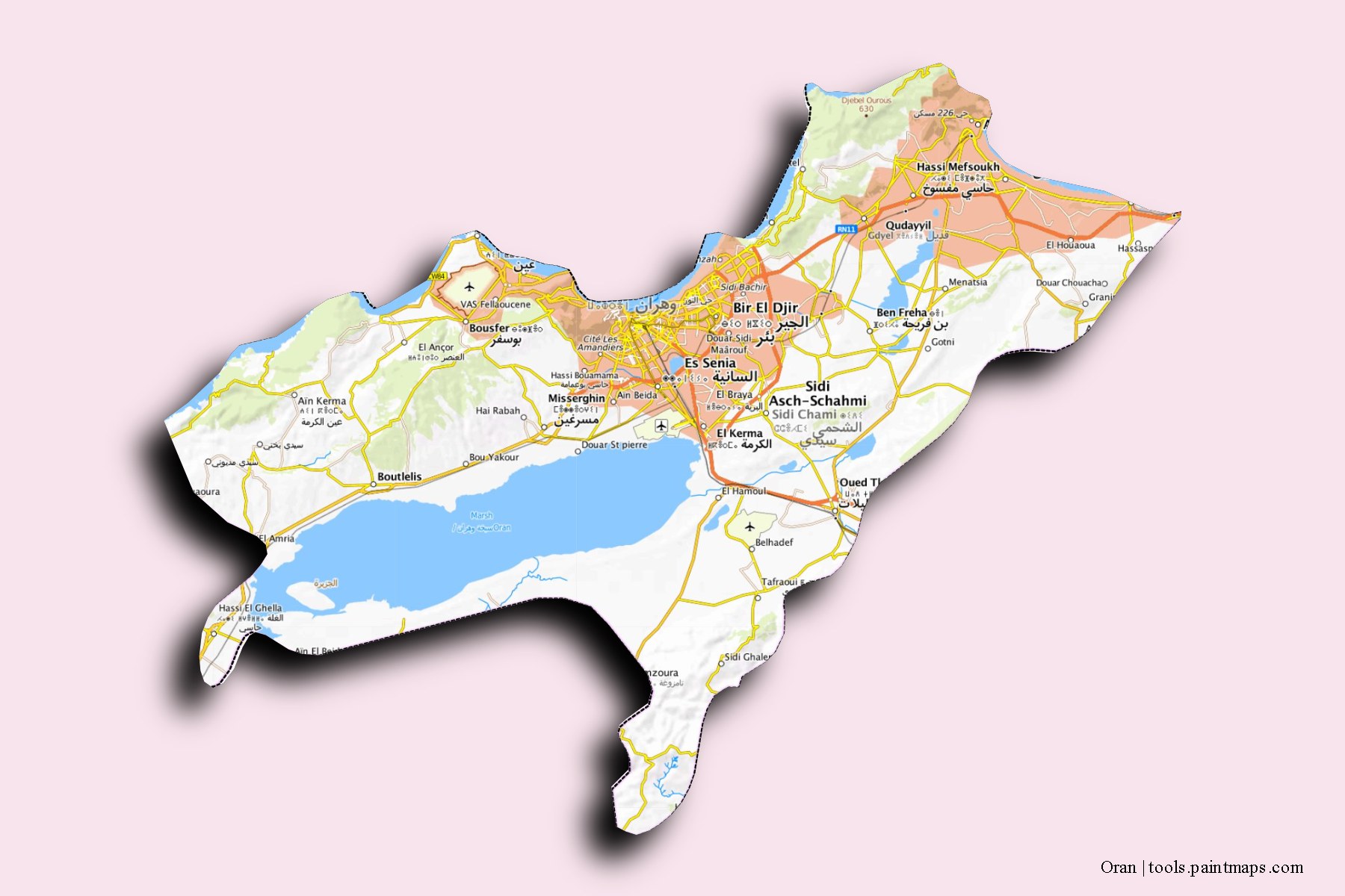 Mapa de Oran y sus distritos con efecto de sombra 3D